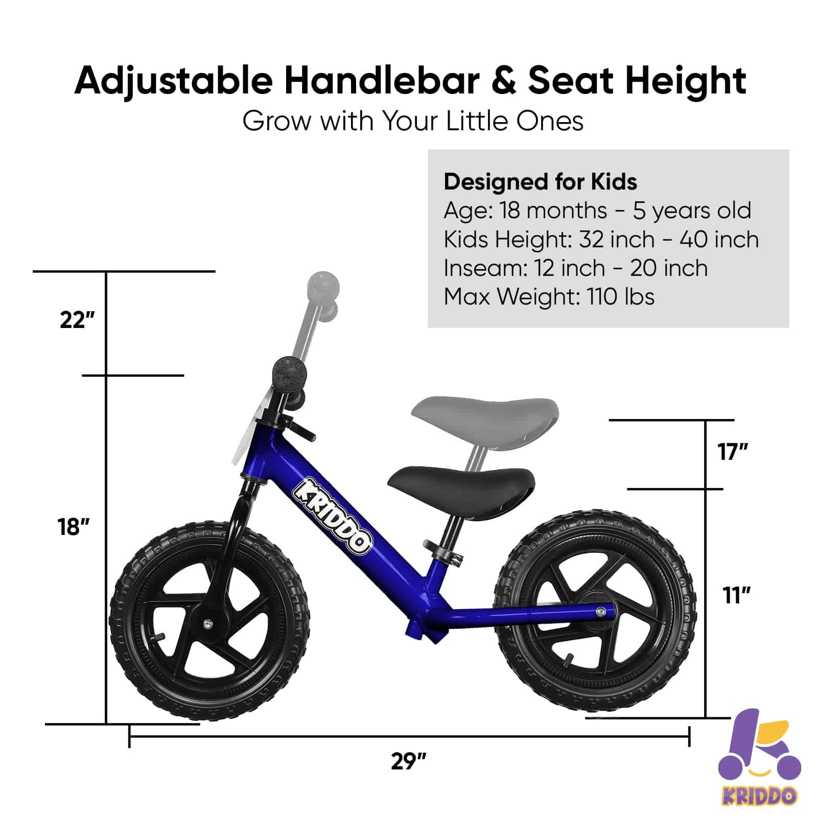 Bicicleta de Equilibrio para Niños KRIDDO 2 -Azul - Imagen 6
