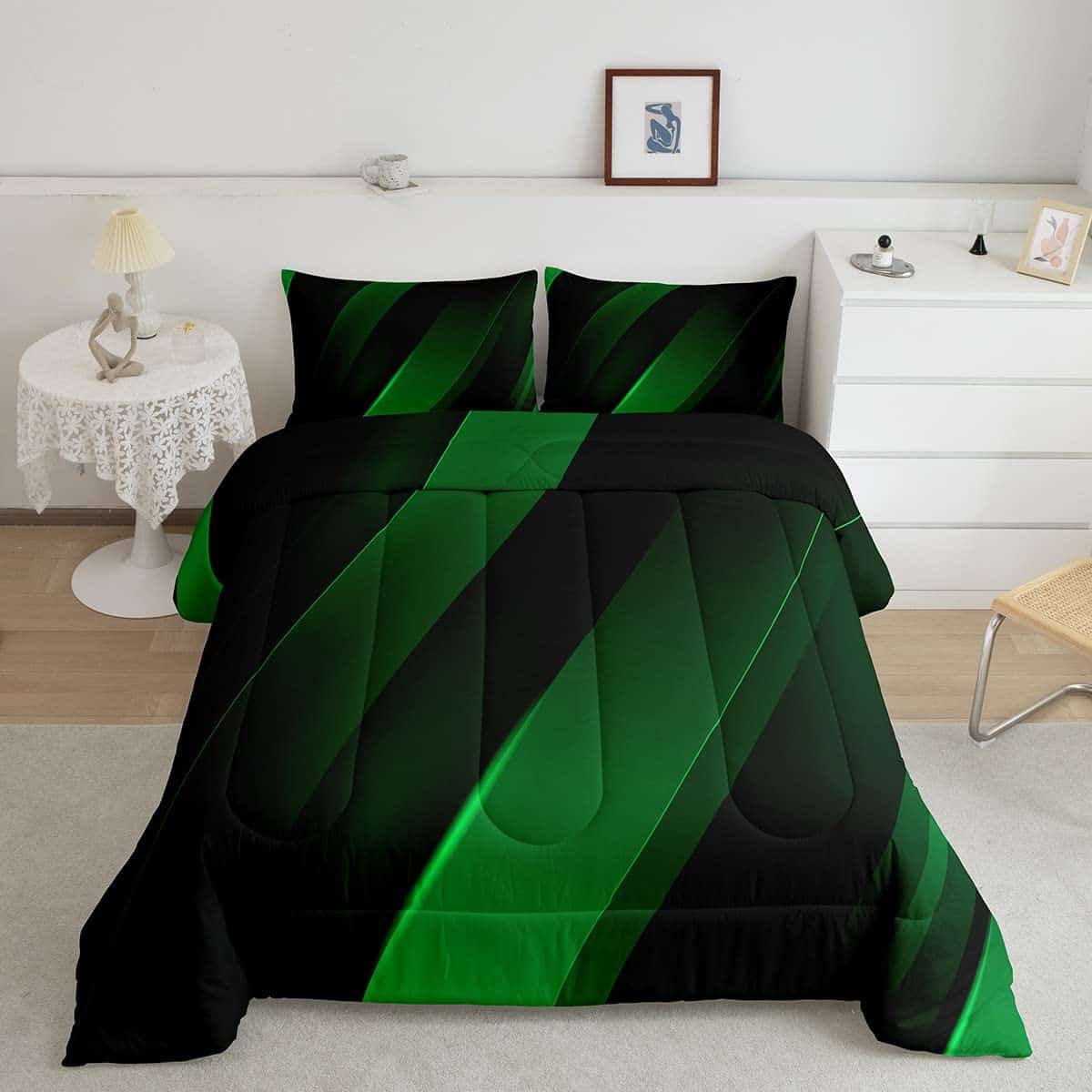 Juego de edredón tamaño King con rayas verdes y negras,
