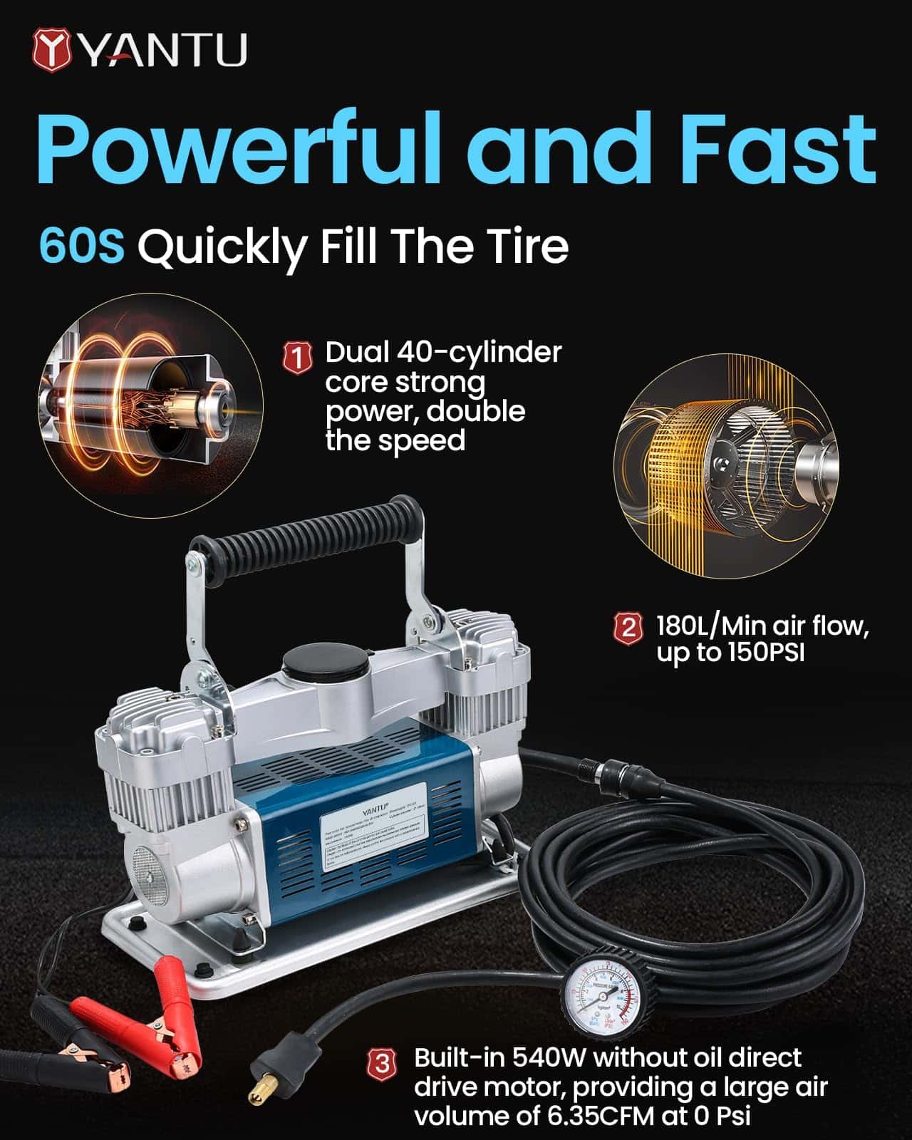 Compresor de aire YANTU 12V, Inflador de neumáticos de - Imagen 4