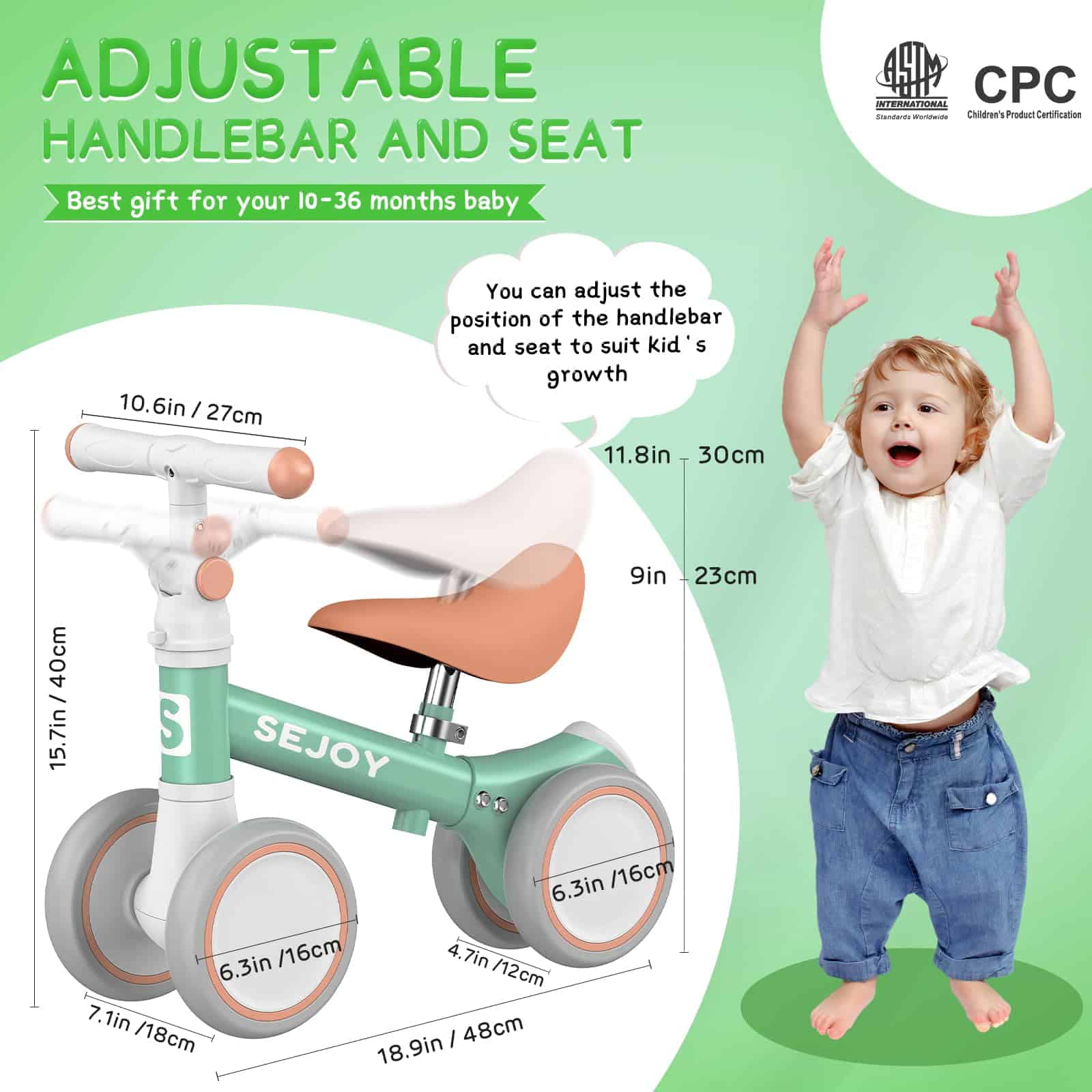 Bicicleta de Equilibrio Ajustable Sejoy para Bebés con - Imagen 4