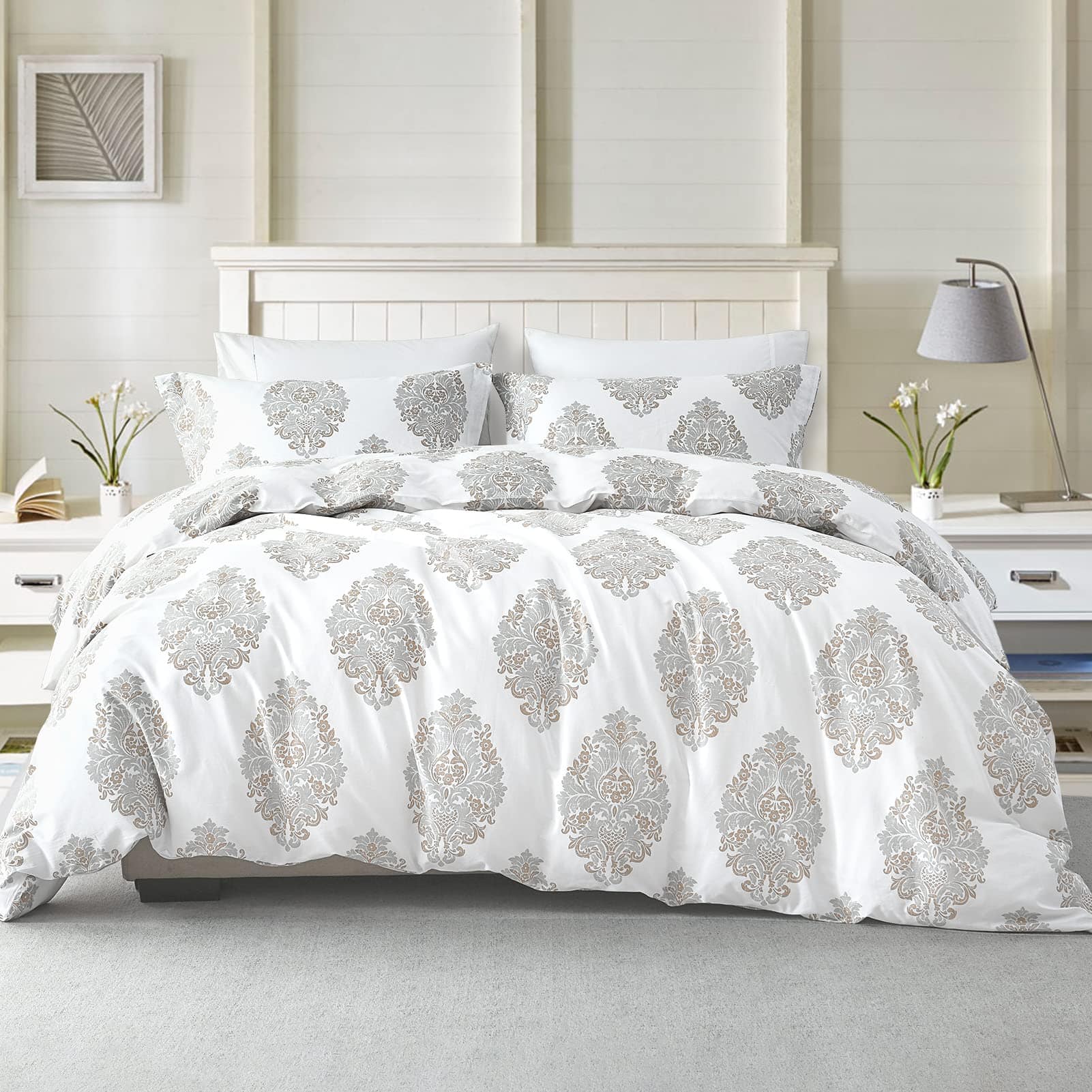 Juego de Funda nórdica CozyDH tamaño Queen - -Gris/Blanco/Cr