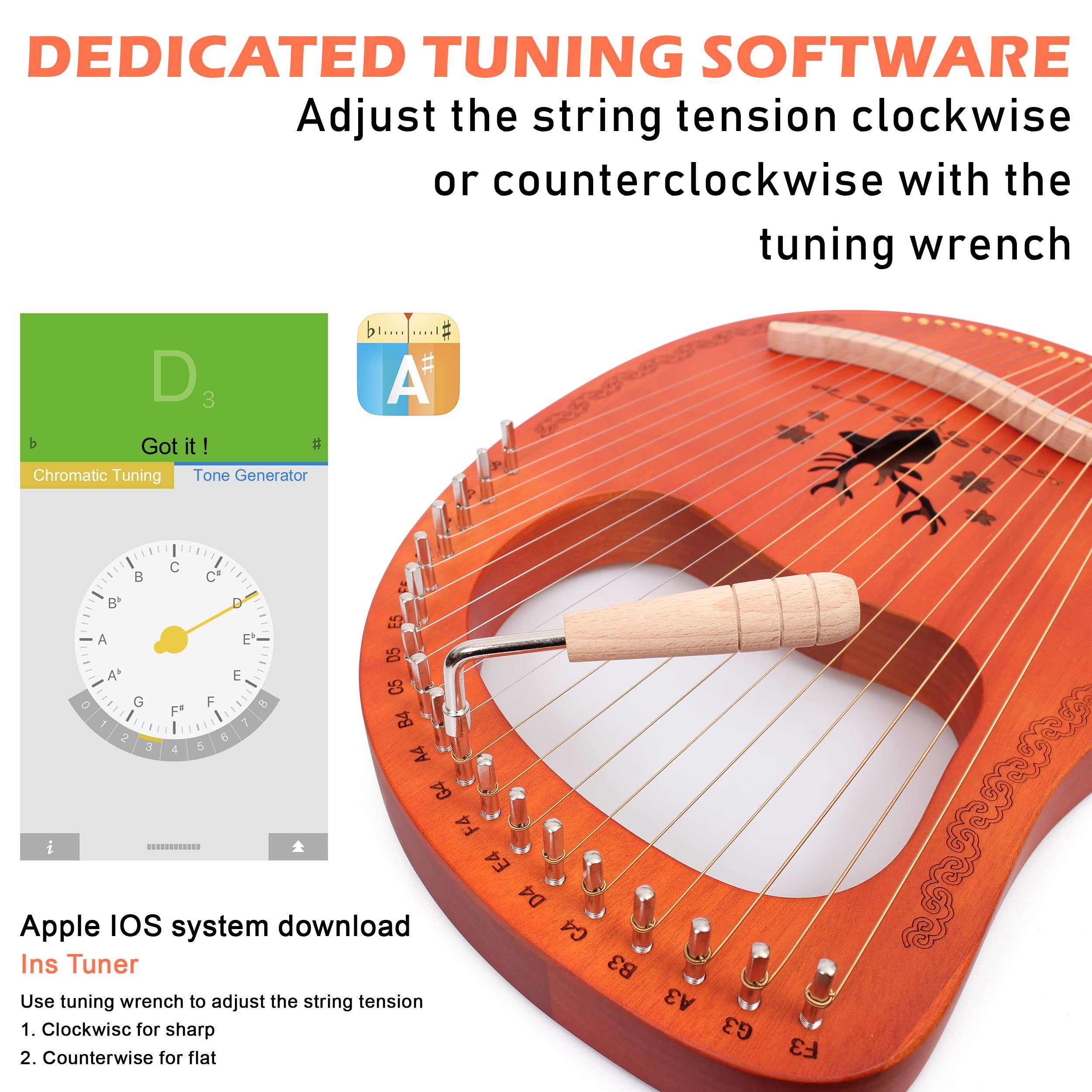 LOMUTY Arpa Lira de 19 Cuerdas con Llave de Afinación, - Imagen 4