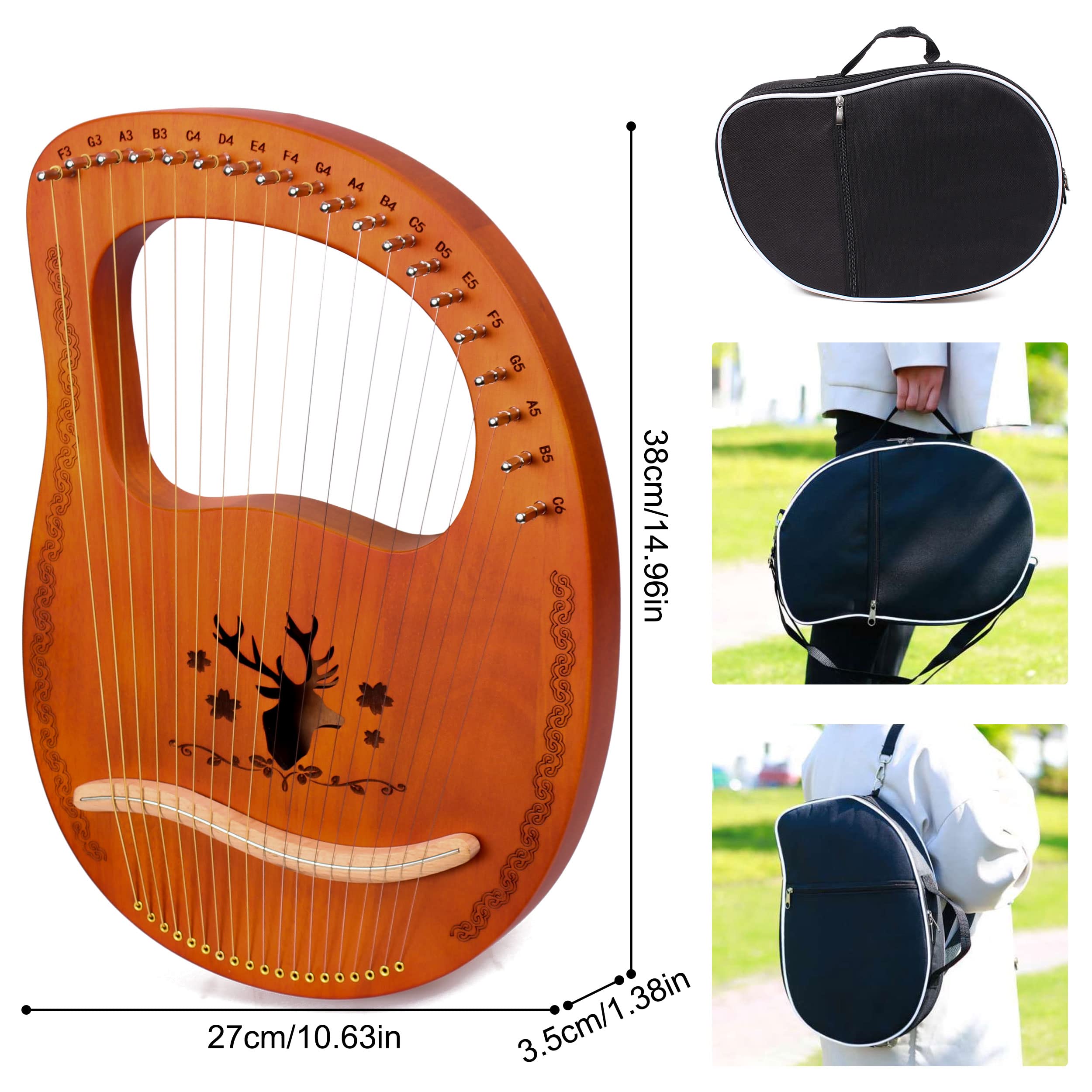 LOMUTY Arpa Lira de 19 Cuerdas con Llave de Afinación, - Imagen 6