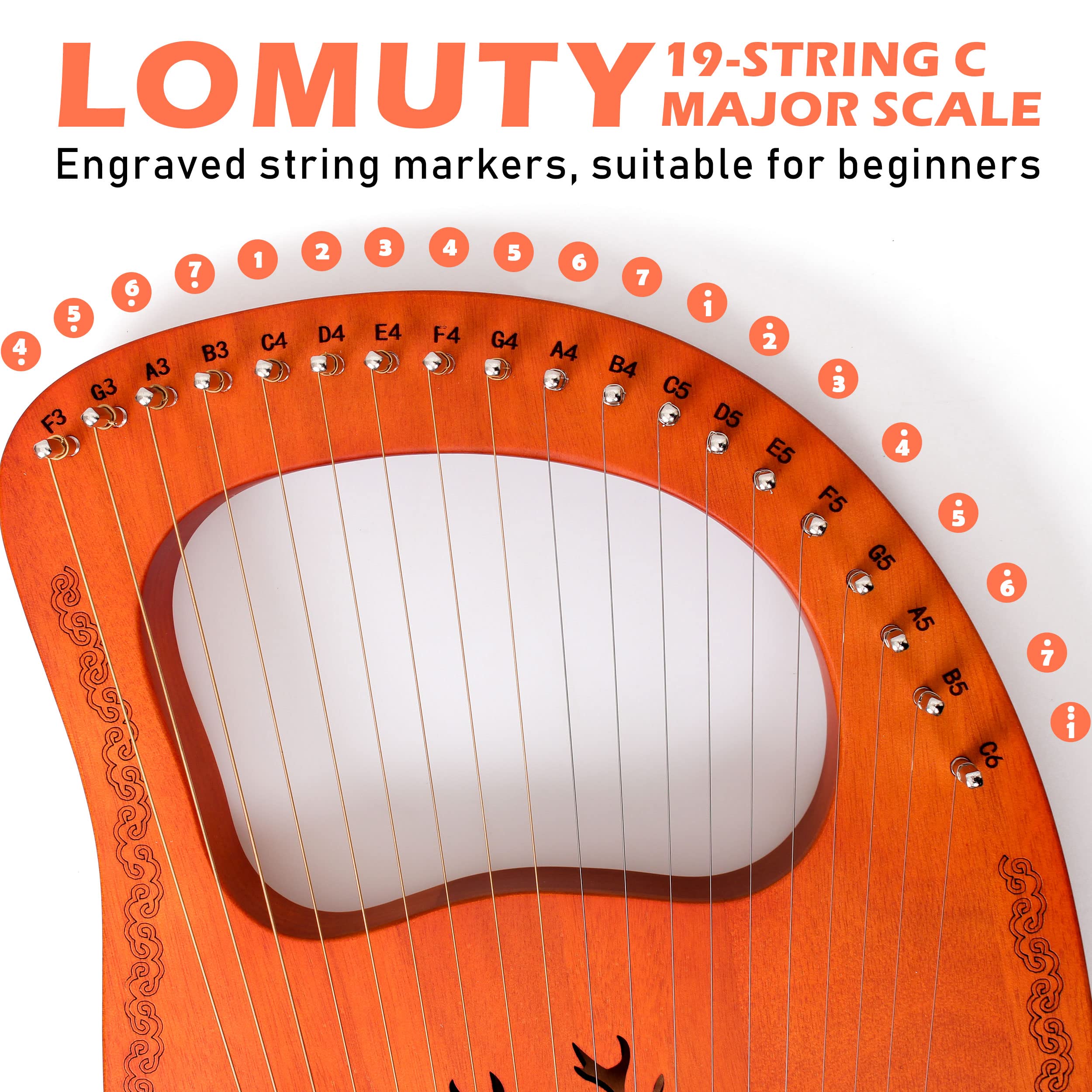 LOMUTY Arpa Lira de 19 Cuerdas con Llave de Afinación, - Imagen 3