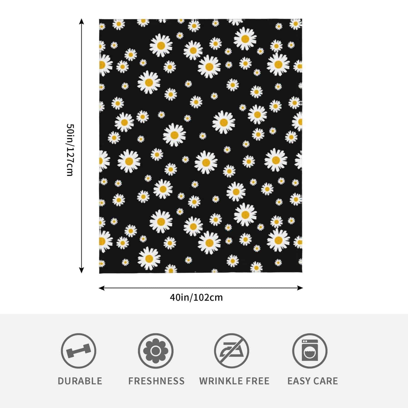 Manta de tiro negra con flores margaritas blancas y - Imagen 6