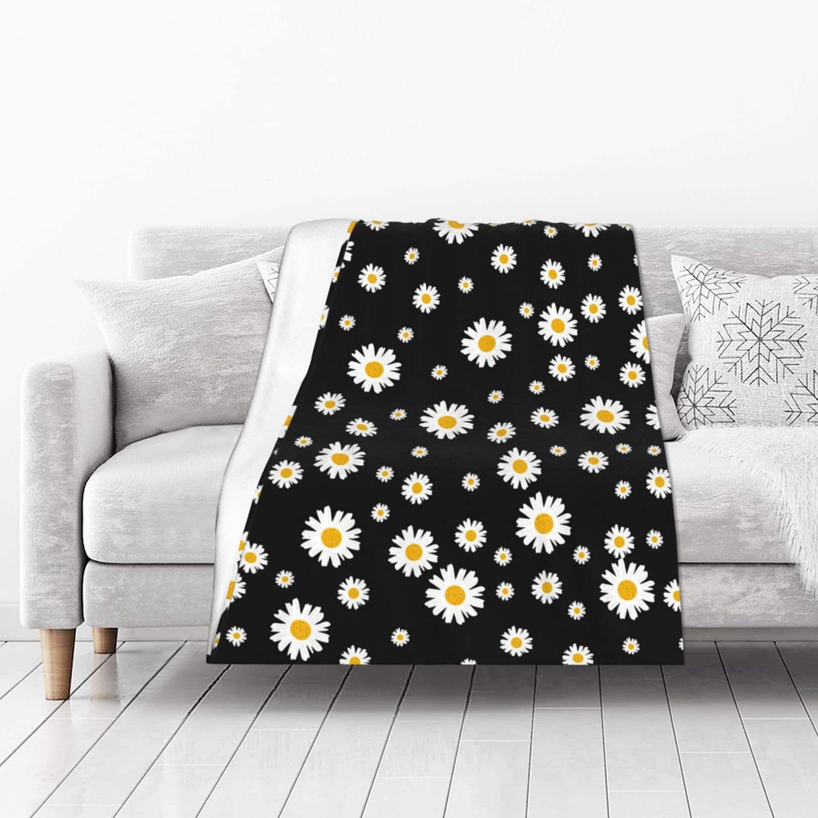 Manta de tiro negra con flores margaritas blancas y - Imagen 3