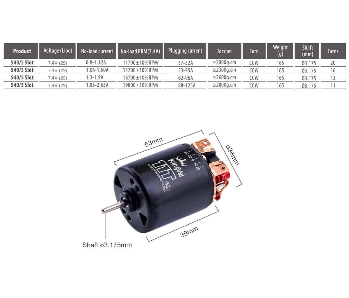 Motor de Repuesto KingVal 5-Slot Rotor 540 20T Escobillado - Imagen 3