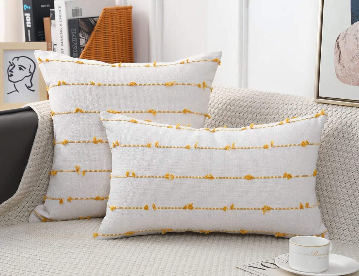 Juego de 2 Fundas de Cojín Boho 26x26, Beige y Amarillo - Imagen 3