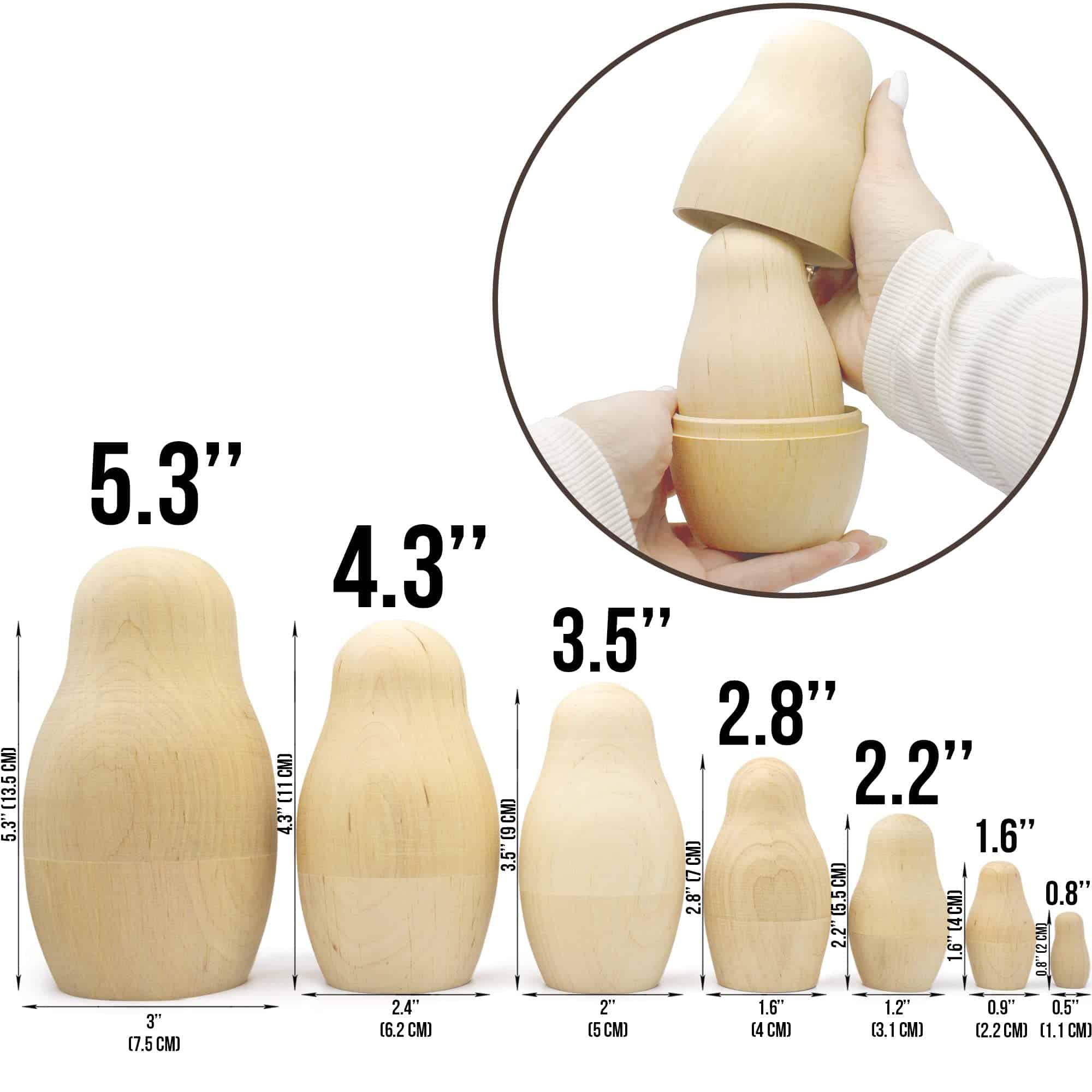 Lote de 3 sets de muñecas rusas AEVVV en blanco de 7 piezas - Imagen 3