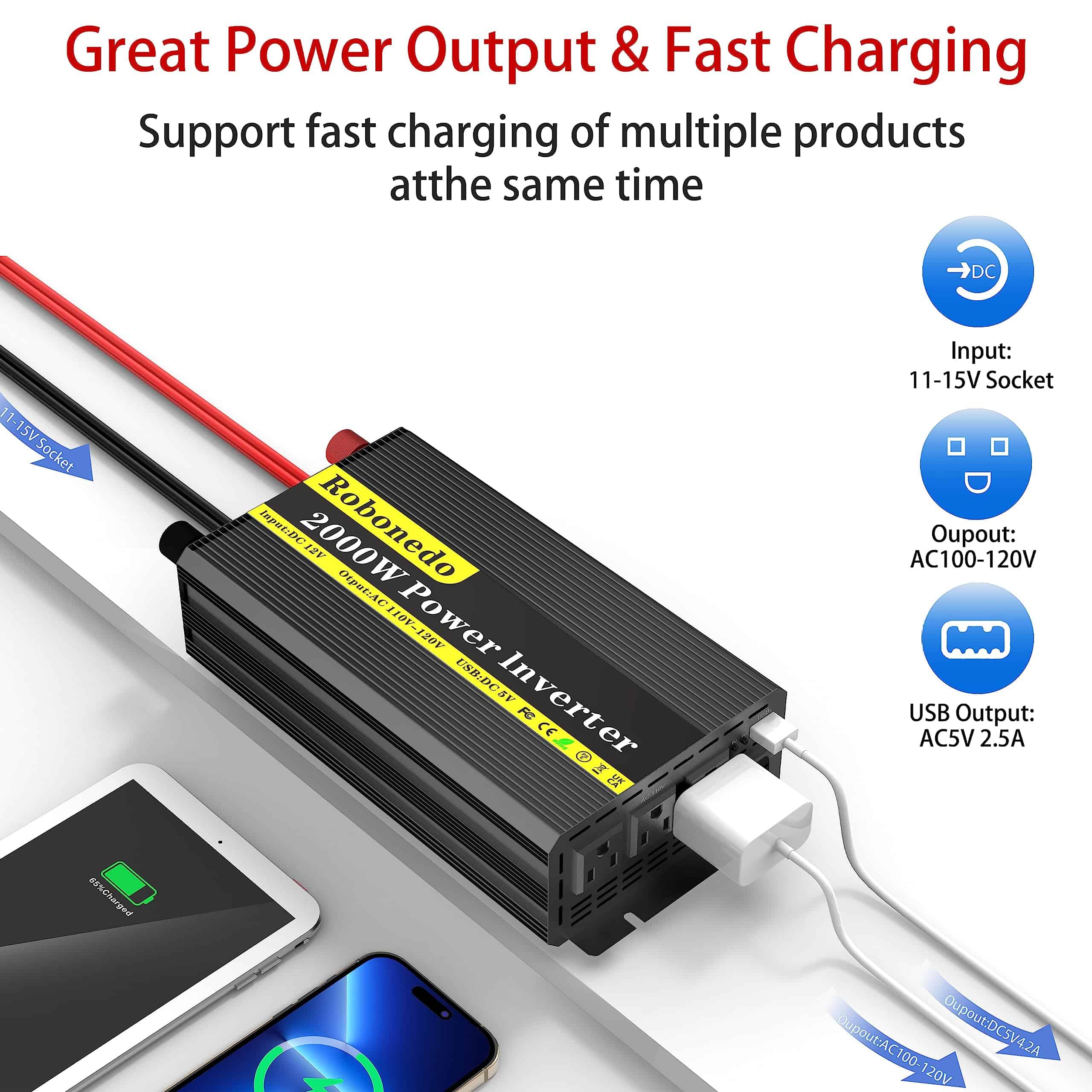 Inversor de Potencia Robonedo de 2000 vatios 12v DC a 110v - Imagen 3