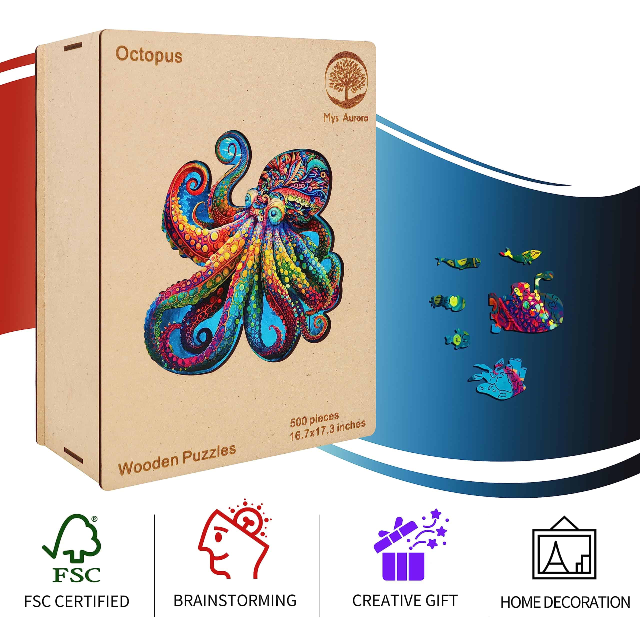 Rompecabezas de madera único Mys Aurora - Pulpo de Ágata, - Imagen 6