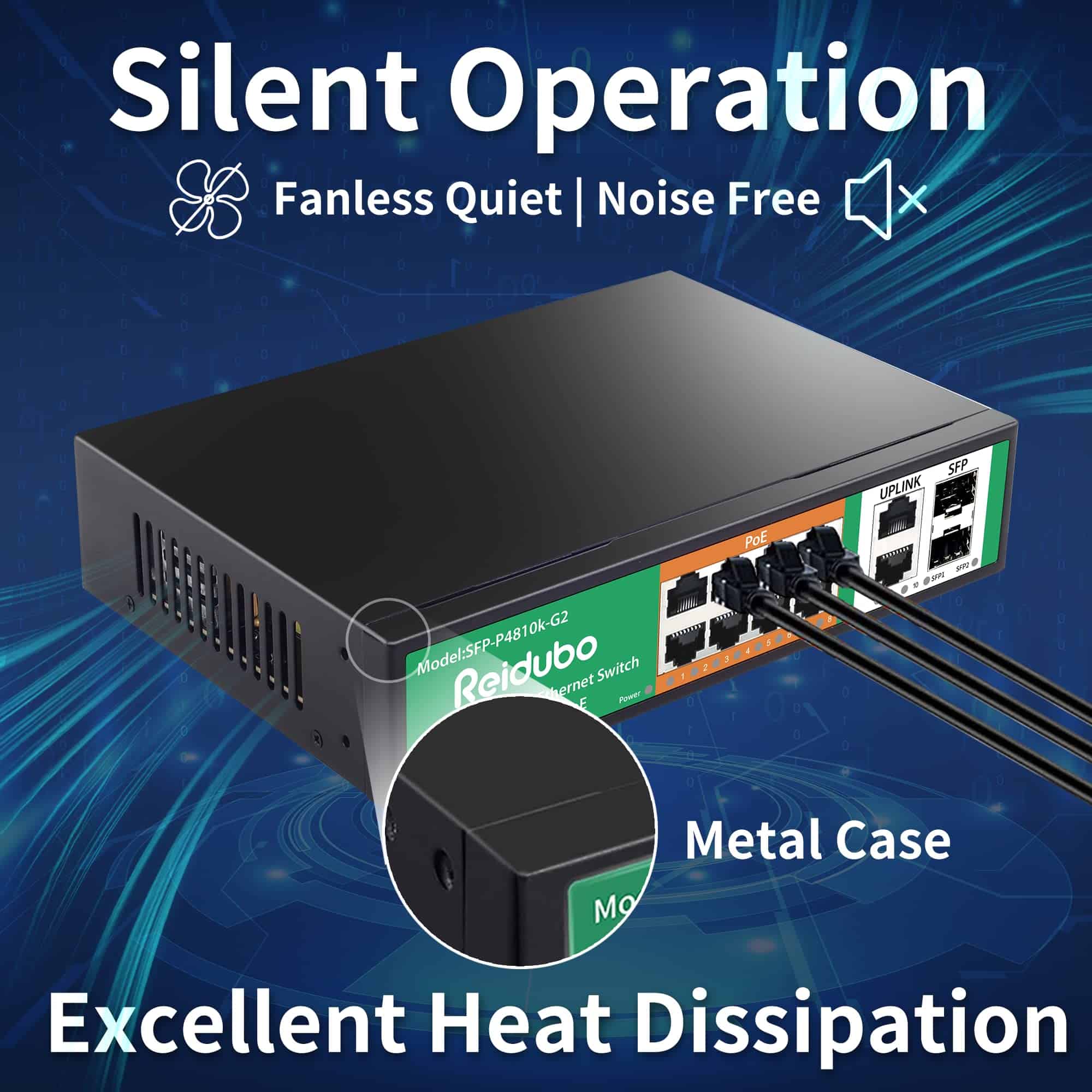 Reidubo 8 Puertos Gigabit PoE Switch con 2 Puertos Uplink & - Imagen 7