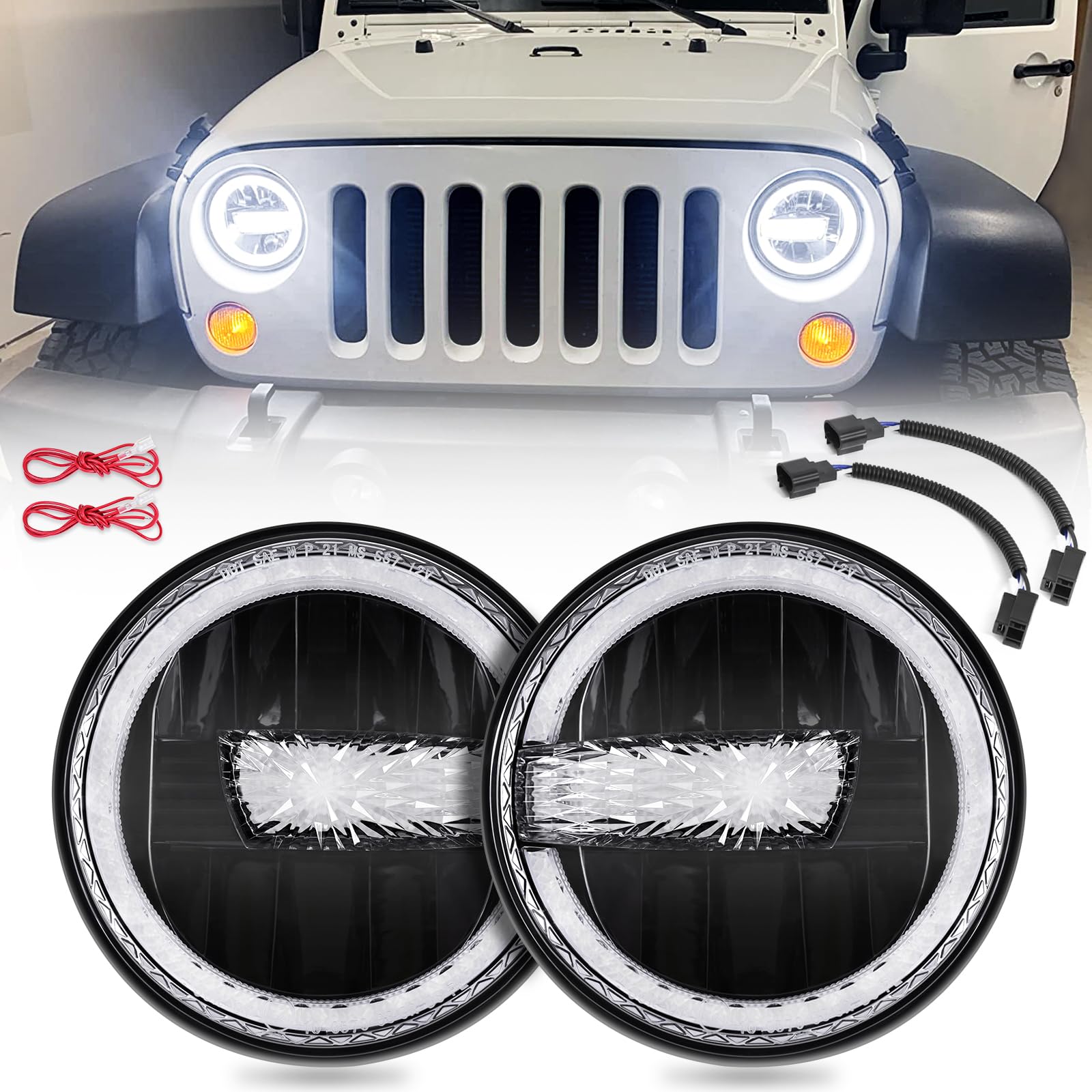 Faros LED Haitzu de 7 pulgadas con DRL, Luz de halo, Luces