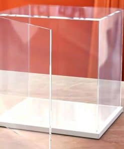 Caja de exhibición acrílica transparente con puerta abierta