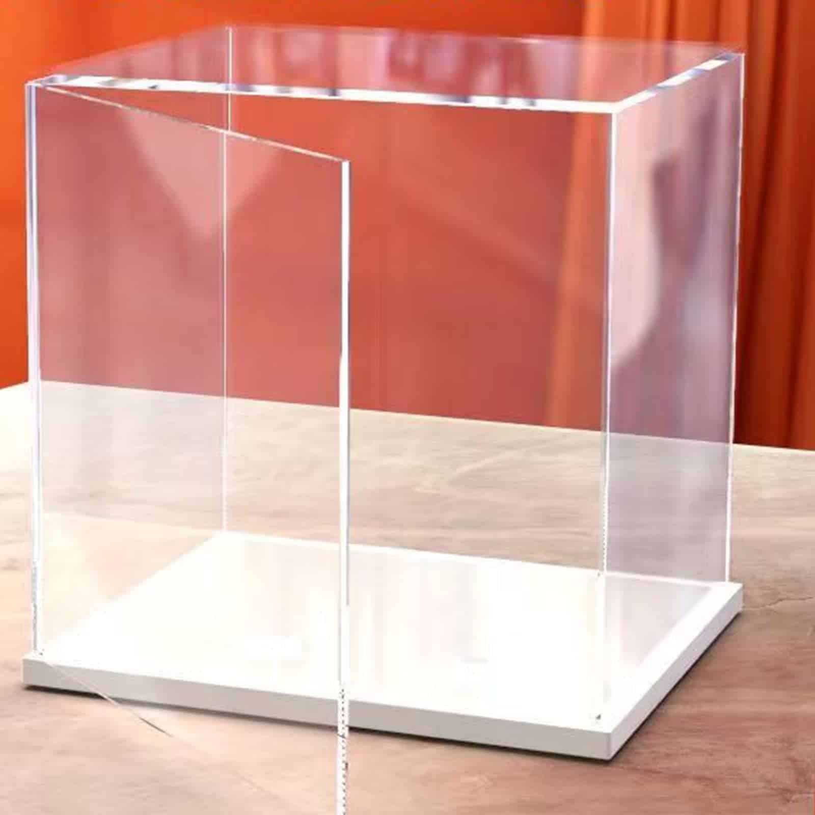 Caja de exhibición acrílica transparente con puerta abierta