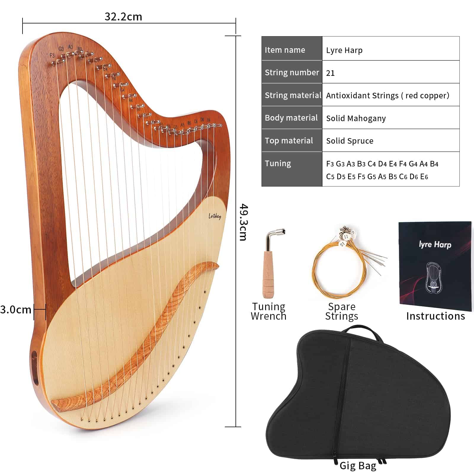 Arpa Lira LOTKEY, Lotkey 21 Cuerdas Metálicas Arpa Cuerpo - Imagen 6