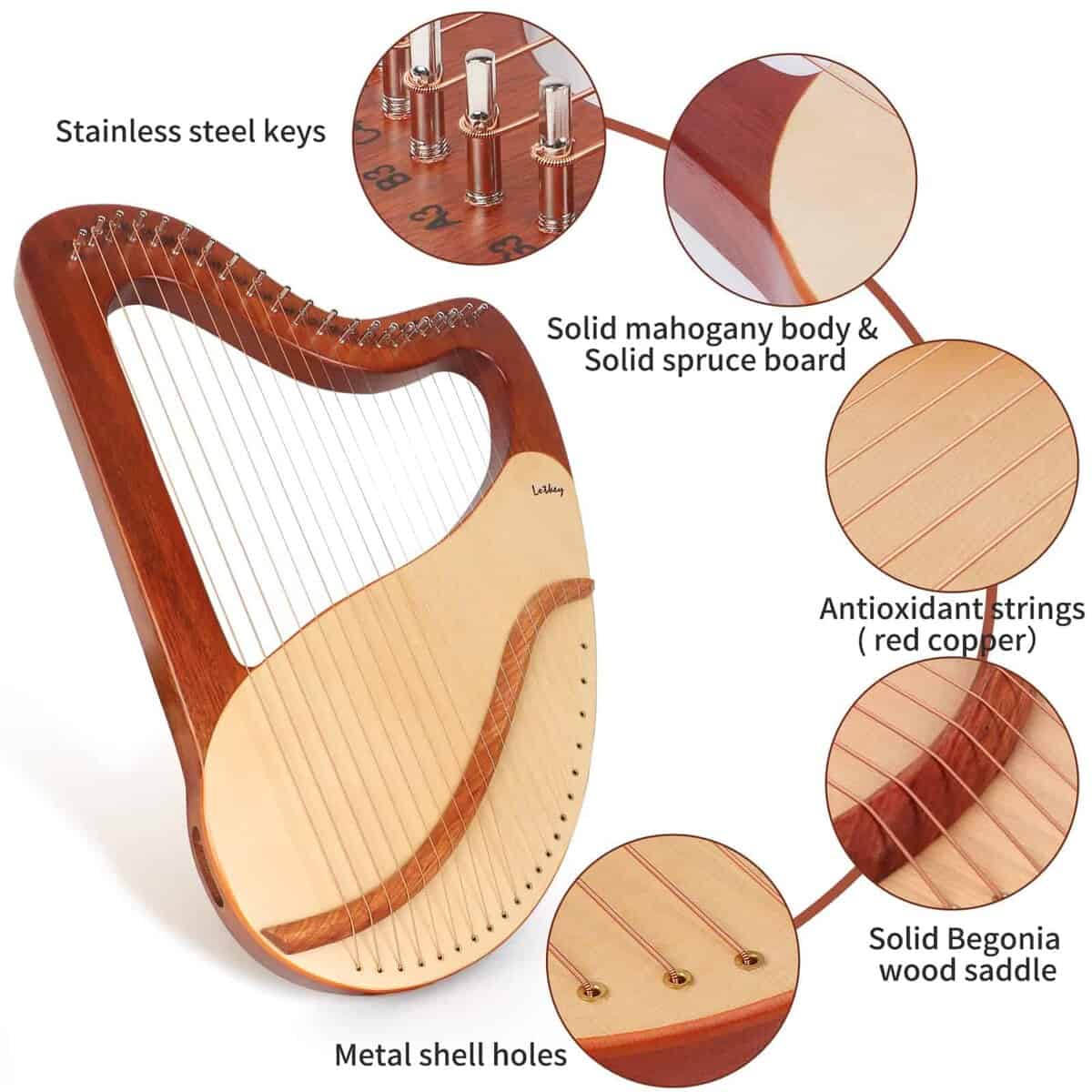 Arpa Lira LOTKEY, Lotkey 21 Cuerdas Metálicas Arpa Cuerpo - Imagen 3