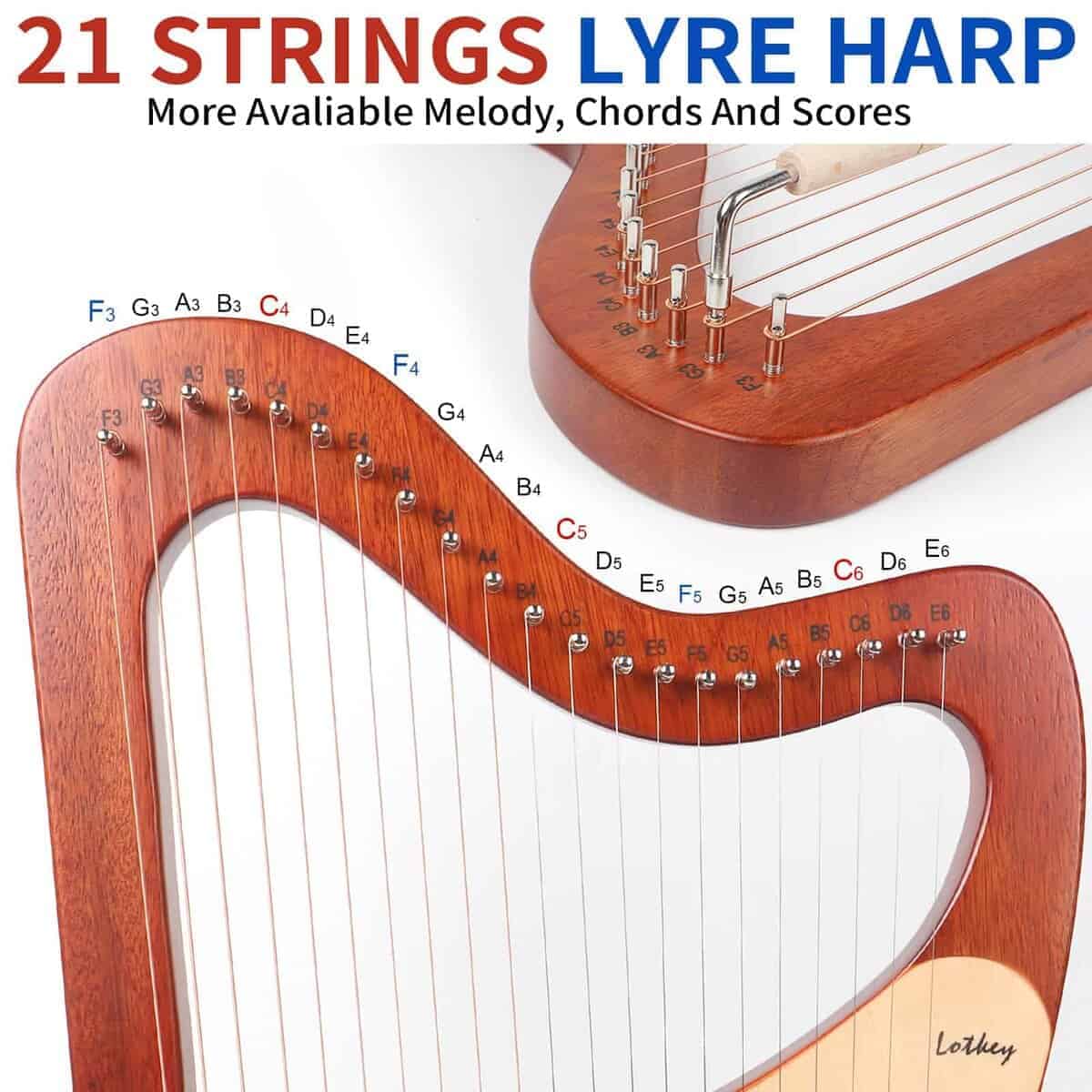 Arpa Lira LOTKEY, Lotkey 21 Cuerdas Metálicas Arpa Cuerpo - Imagen 5