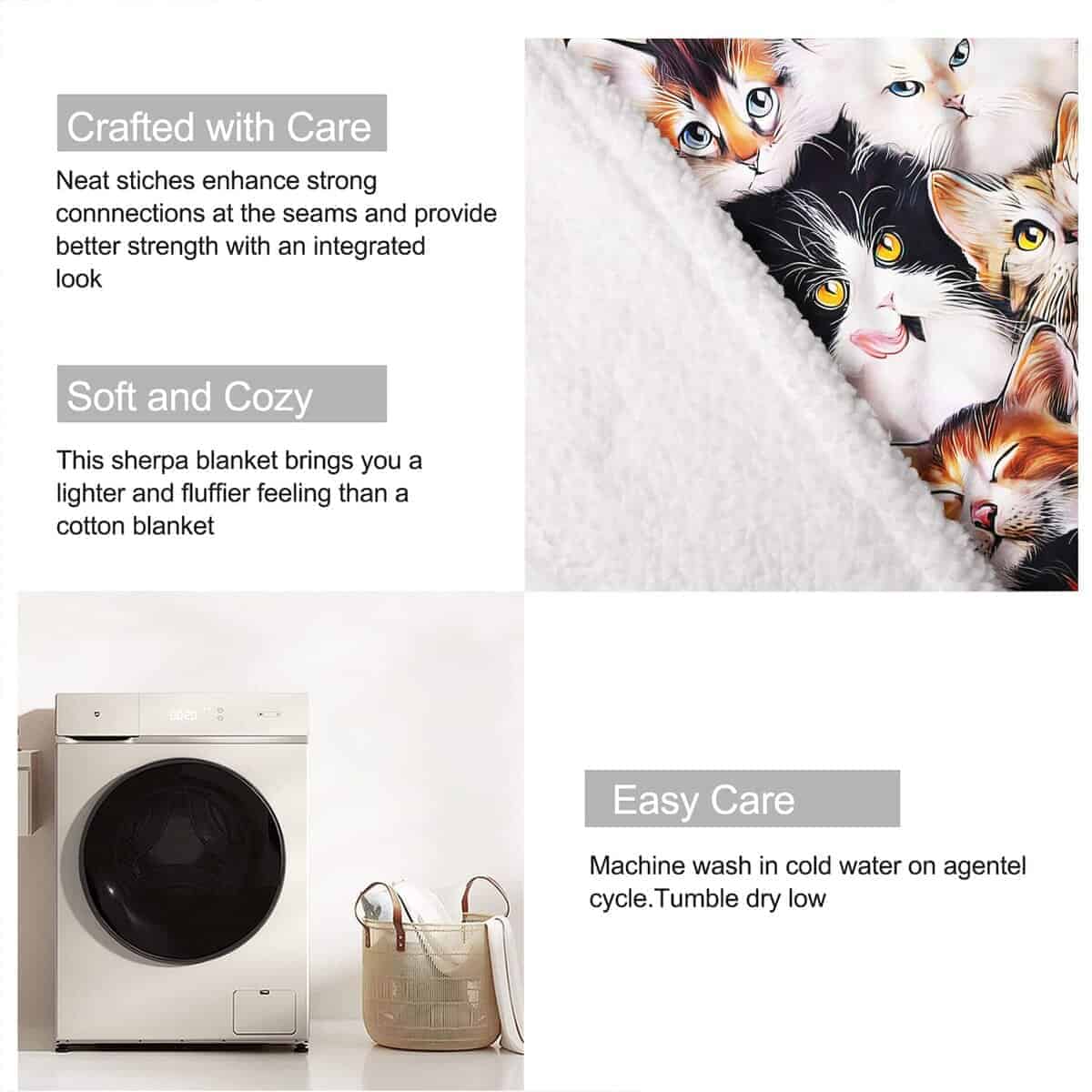 Manta de Sherpa XSMEI de 60"x80" con Gatos Lindos, Tejido - Imagen 8