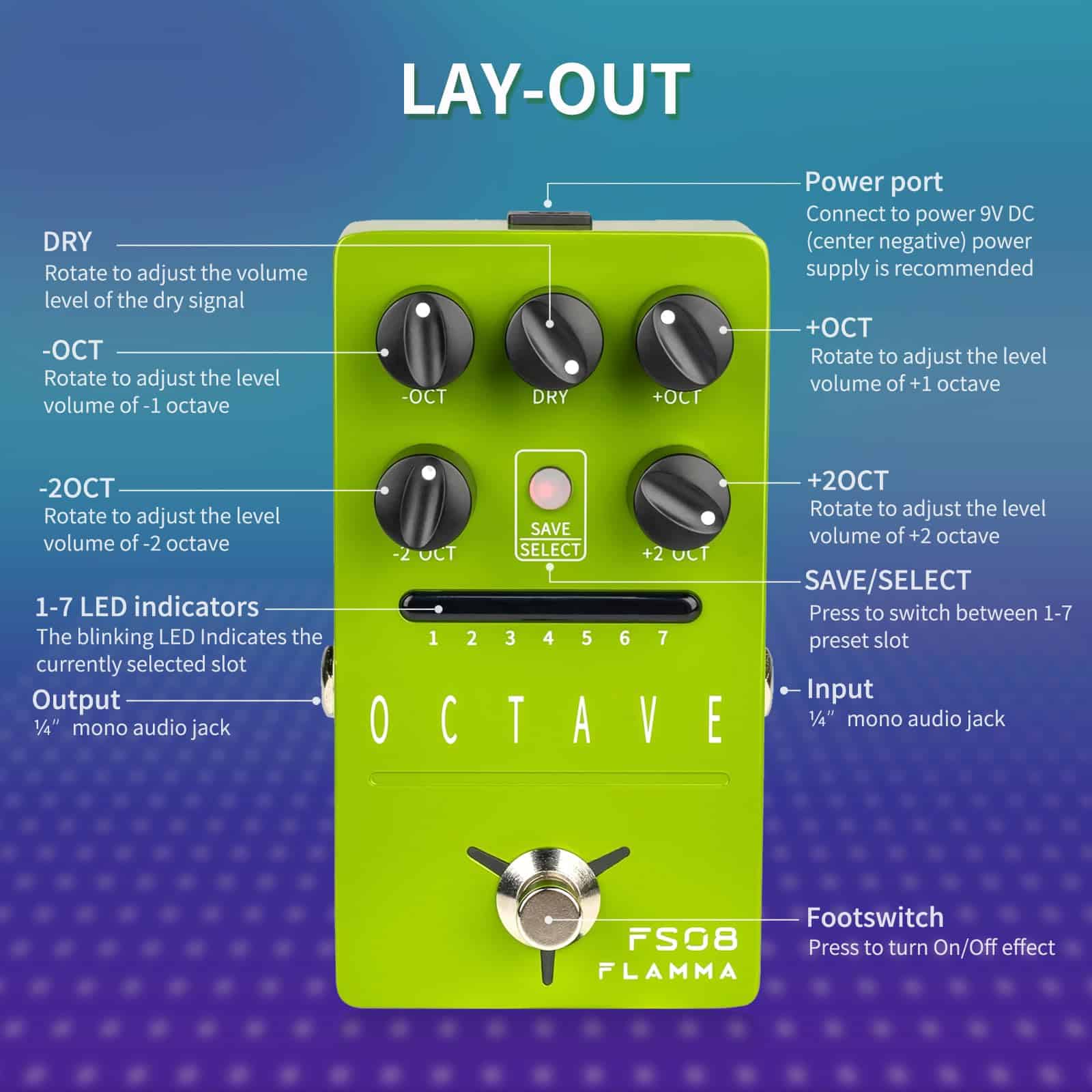 Pedal de octava para guitarra eléctrica FLAMMA FS08 con - Imagen 6