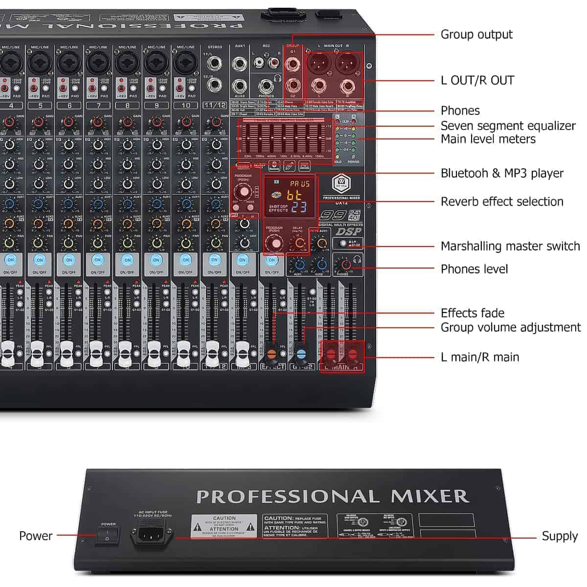 Mezclador de audio profesional W IN-MIX DX12 de 12 canales - Imagen 8