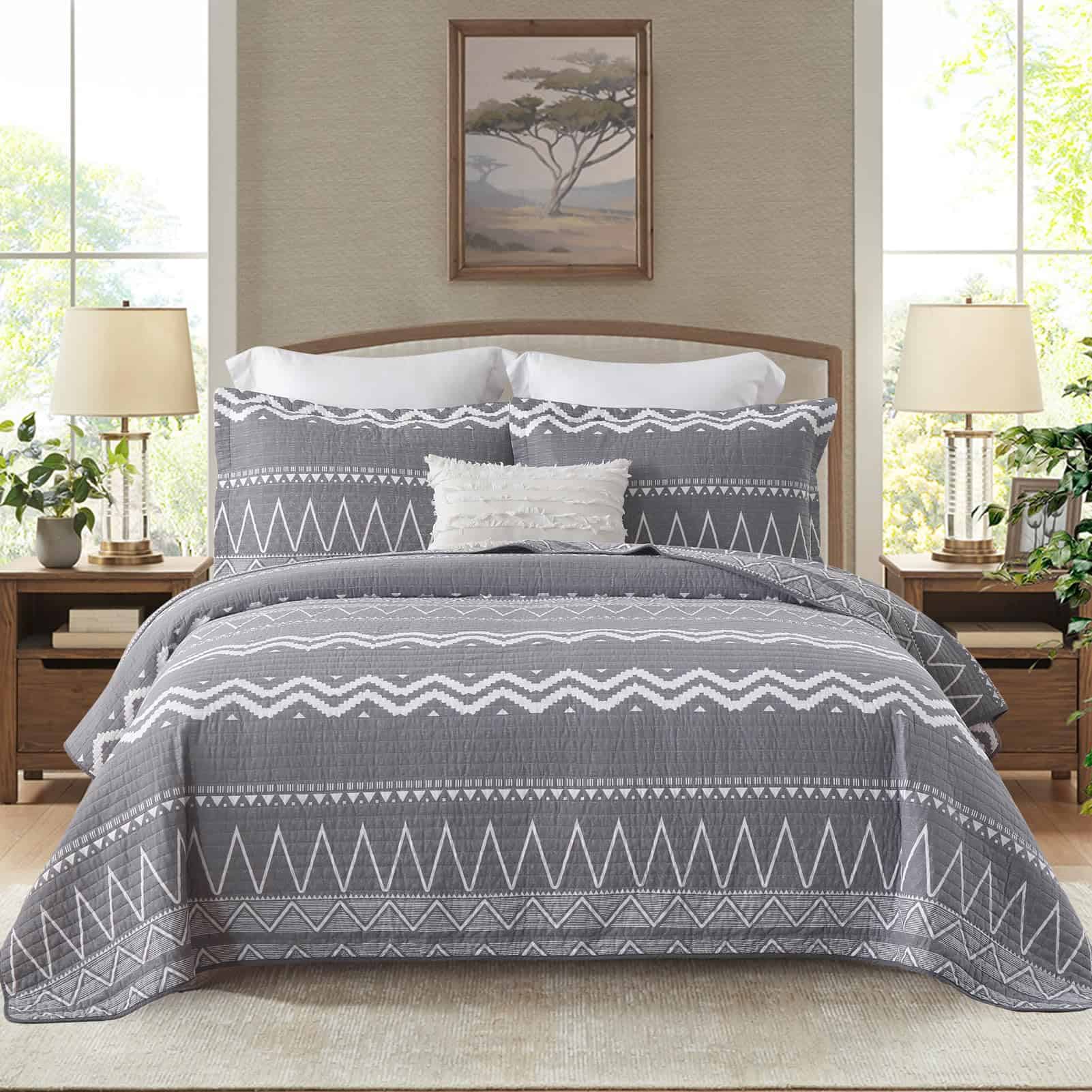 Colcha King Size Finlonte, 100% Algodón Ligero, Gris Blanco