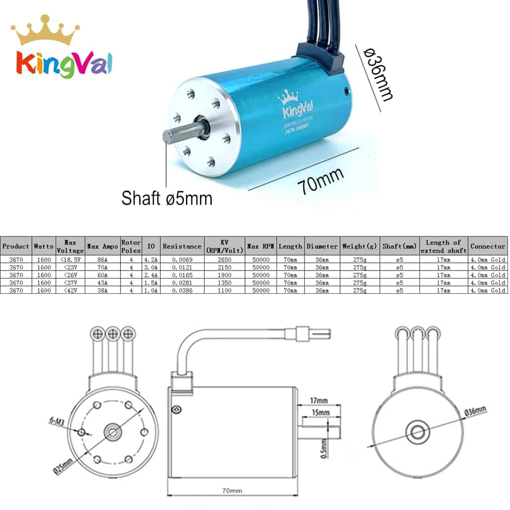 Motor sin escobillas KingVal 3670 1900KV de repuesto con - Imagen 5