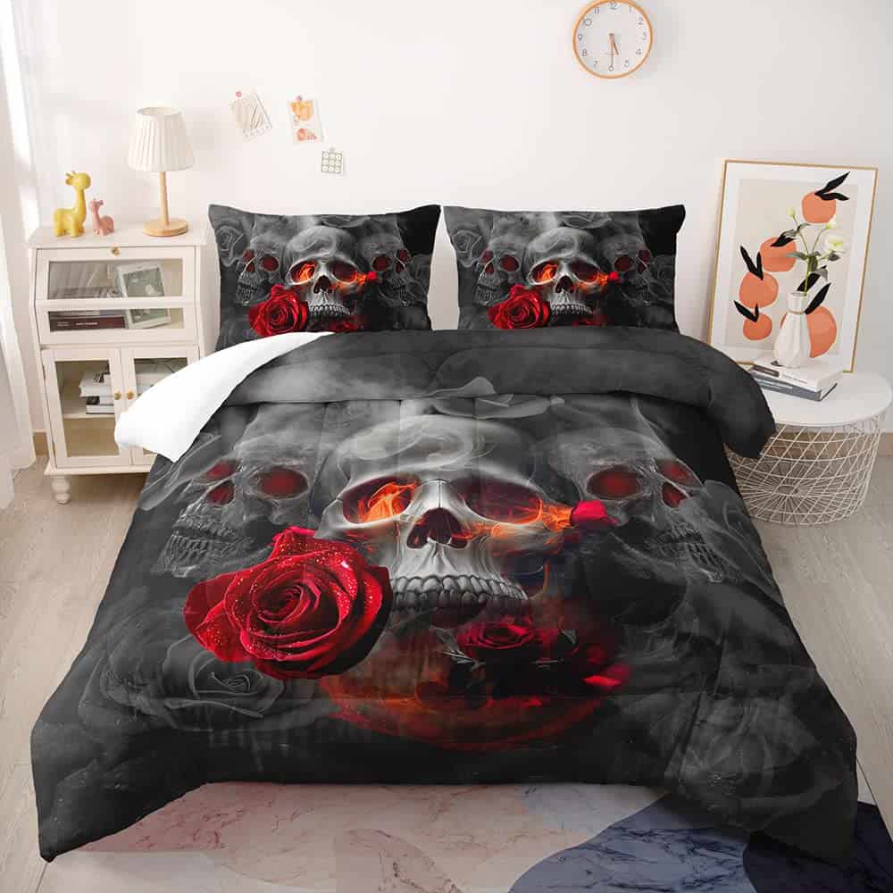 Juego de edredón Suncloris Gótico Calavera, Rojo Rosa Humo