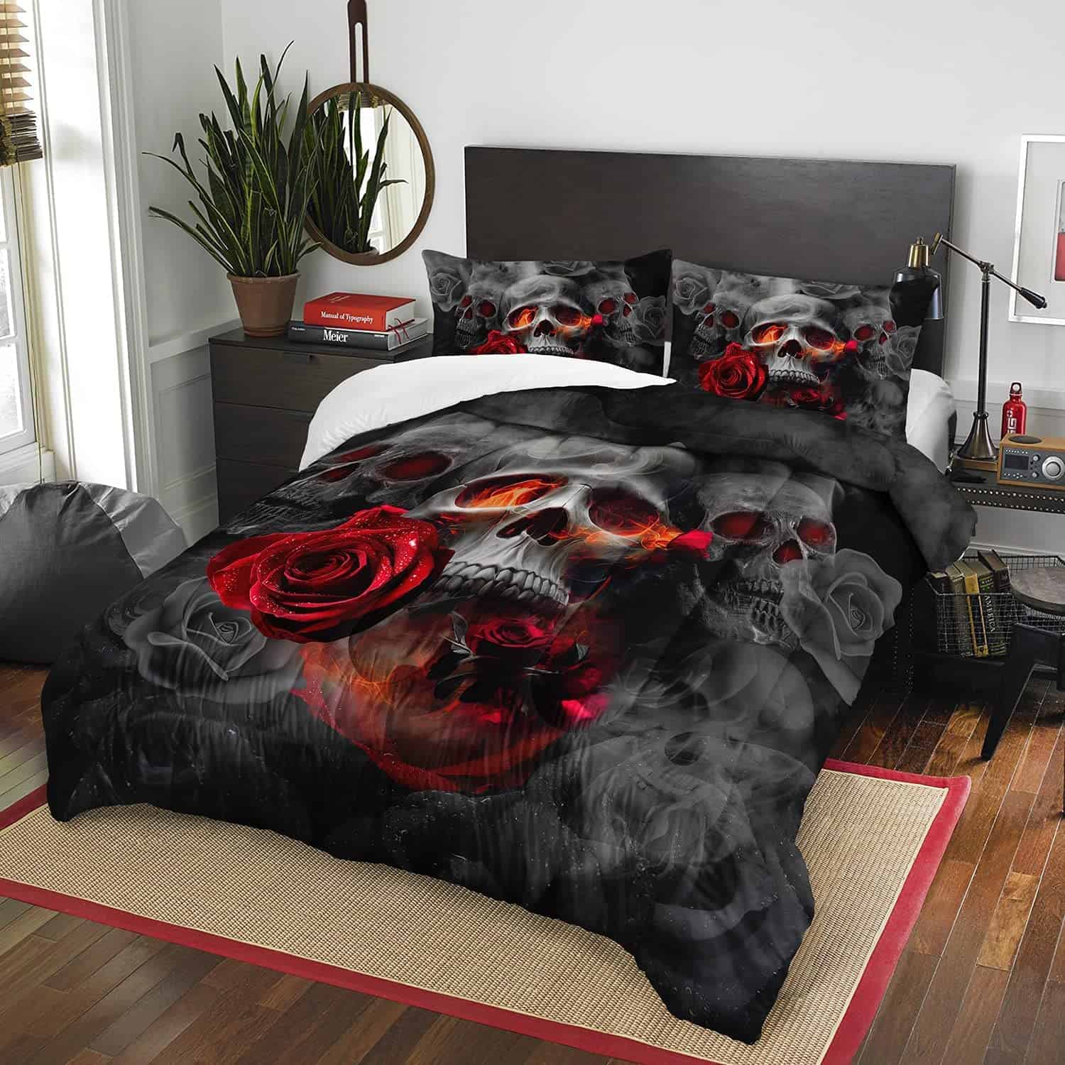Juego de edredón Suncloris Gótico Calavera, Rojo Rosa Humo - Imagen 3