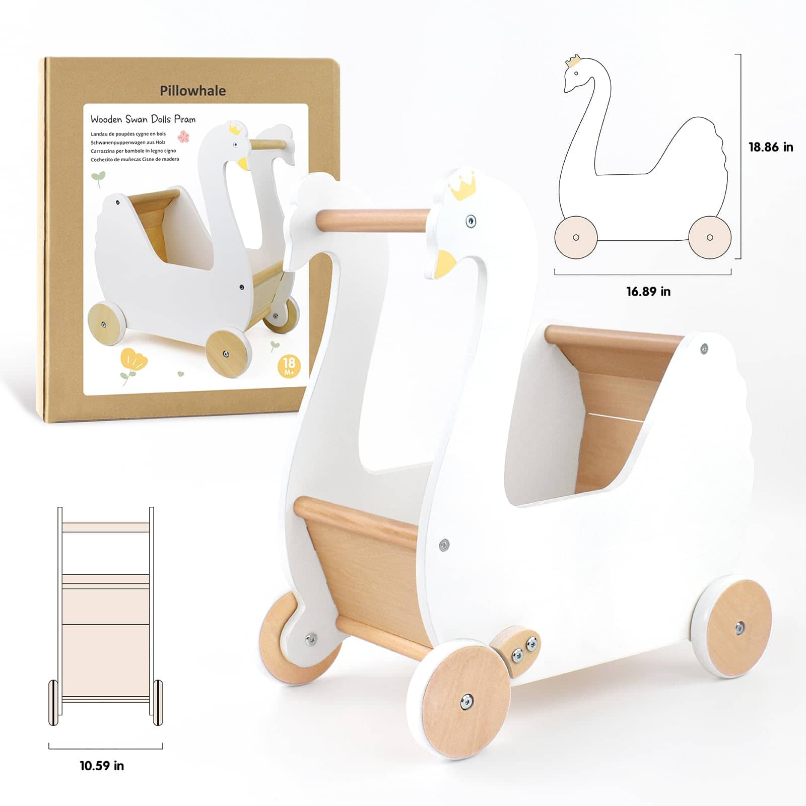 Coche de muñecas de madera Pillowhale, Juguete de Cochecito - Imagen 7