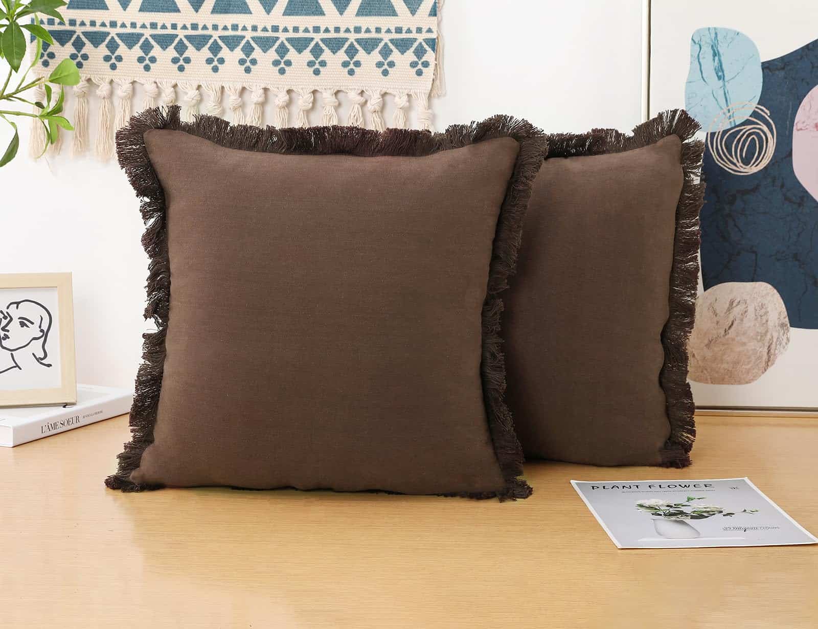 Conjunto de 2 Fundas de Cojín de Lino Natural con Flecos, - Imagen 4