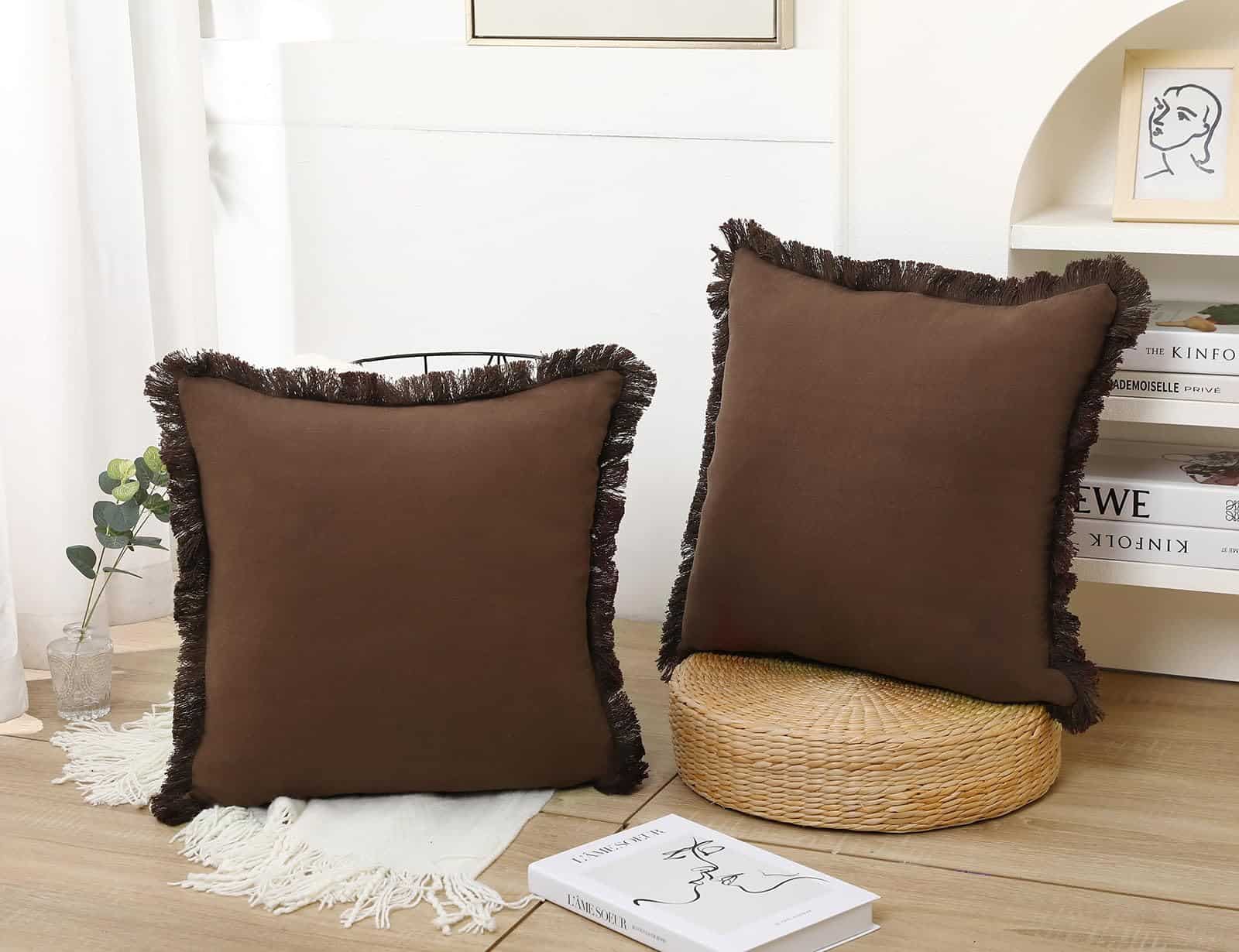 Conjunto de 2 Fundas de Cojín de Lino Natural con Flecos, - Imagen 3