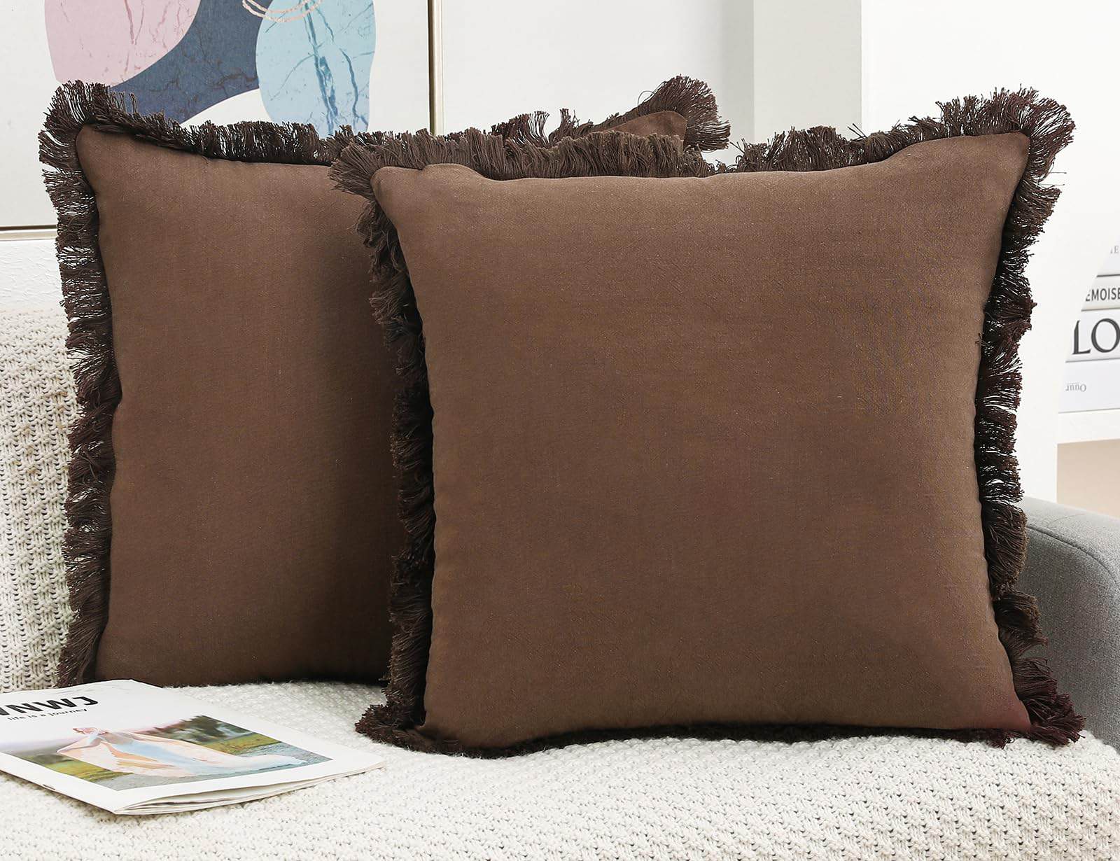 Conjunto de 2 Fundas de Cojín de Lino Natural con Flecos,