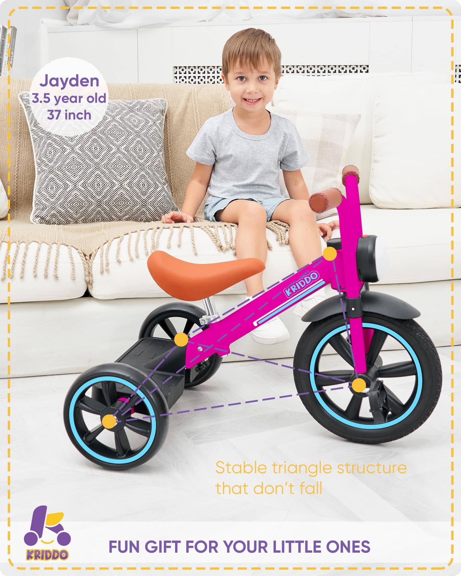 Triciclo para Niños KRIDDO, Ruedas de Goma Antipinchazos de - Imagen 4