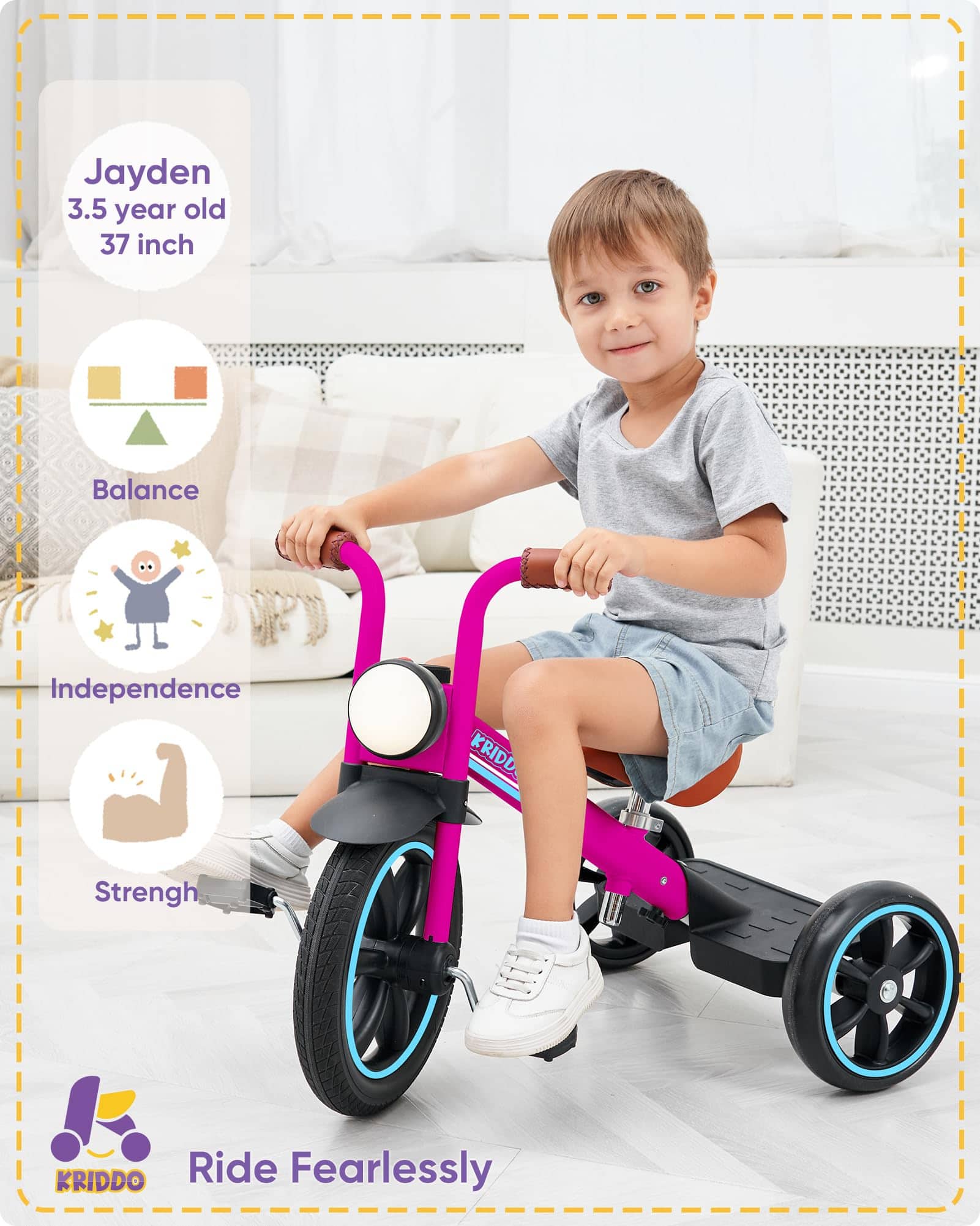 Triciclo para Niños KRIDDO, Ruedas de Goma Antipinchazos de - Imagen 3