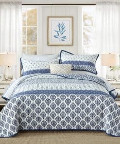 Set de Colcha Queen, Colcha Azul Oscuro con Diseño Floral