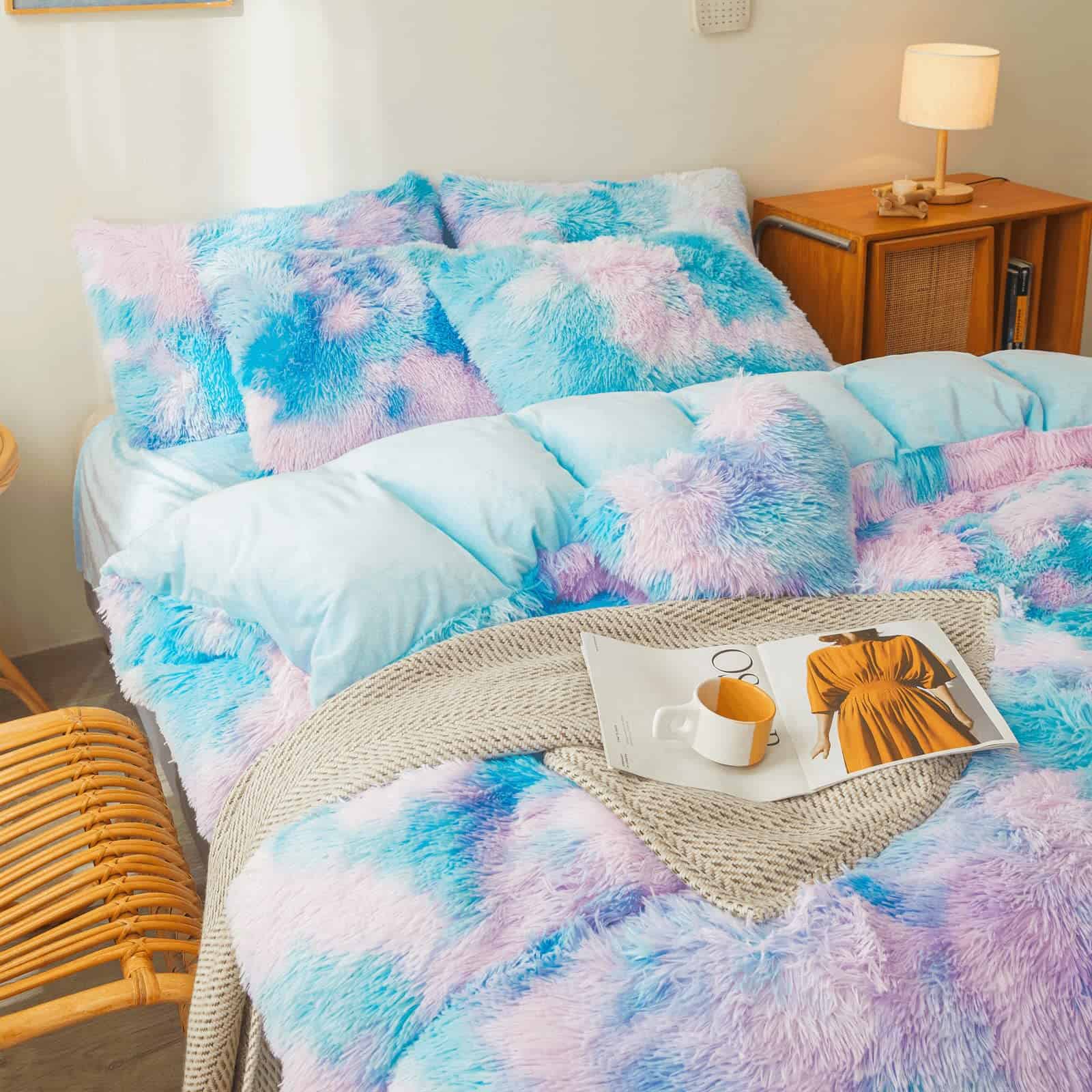 Edredón de felpa azul con teñido empate, tamaño queen con - Imagen 10