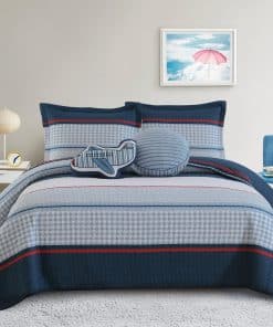 Juego de Colcha Finlonte Queen, Diseño Rayas Azul Marino