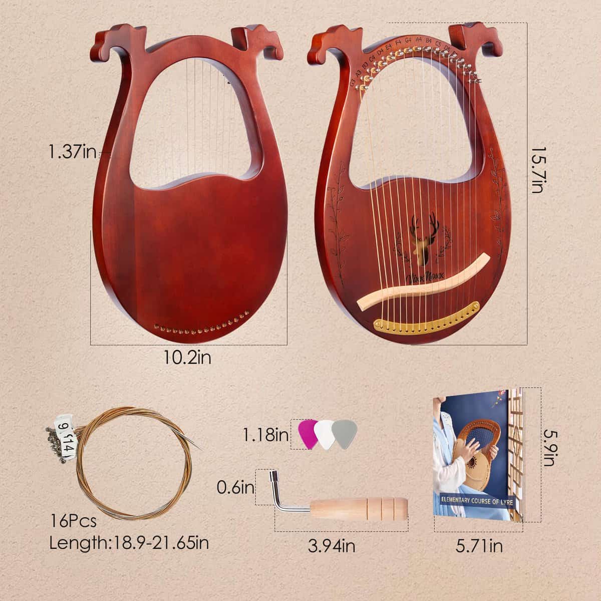 Arpa Lira VixxNoxx, Arpa de 16 Cuerdas de Caoba, Kit de - Imagen 7