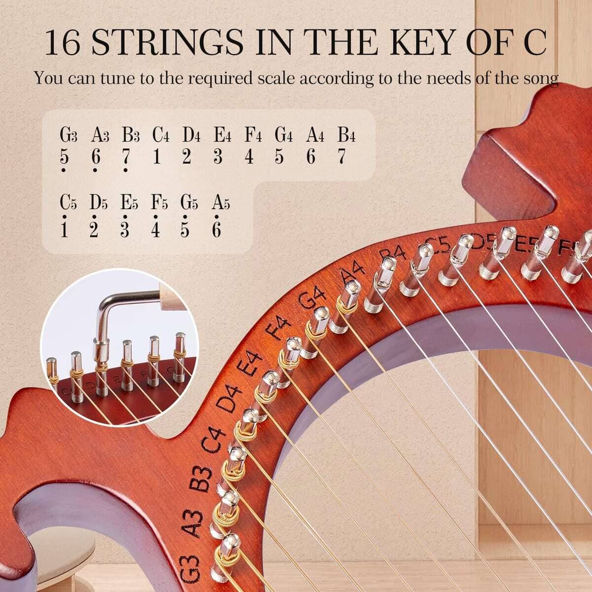 Arpa Lira VixxNoxx, Arpa de 16 Cuerdas de Caoba, Kit de - Imagen 6