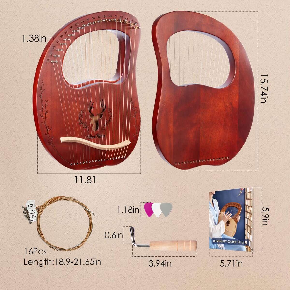Arpa Lira VixxNoxx, 19 Cuerdas de Caoba, Kit de Arpa Lira, - Imagen 7