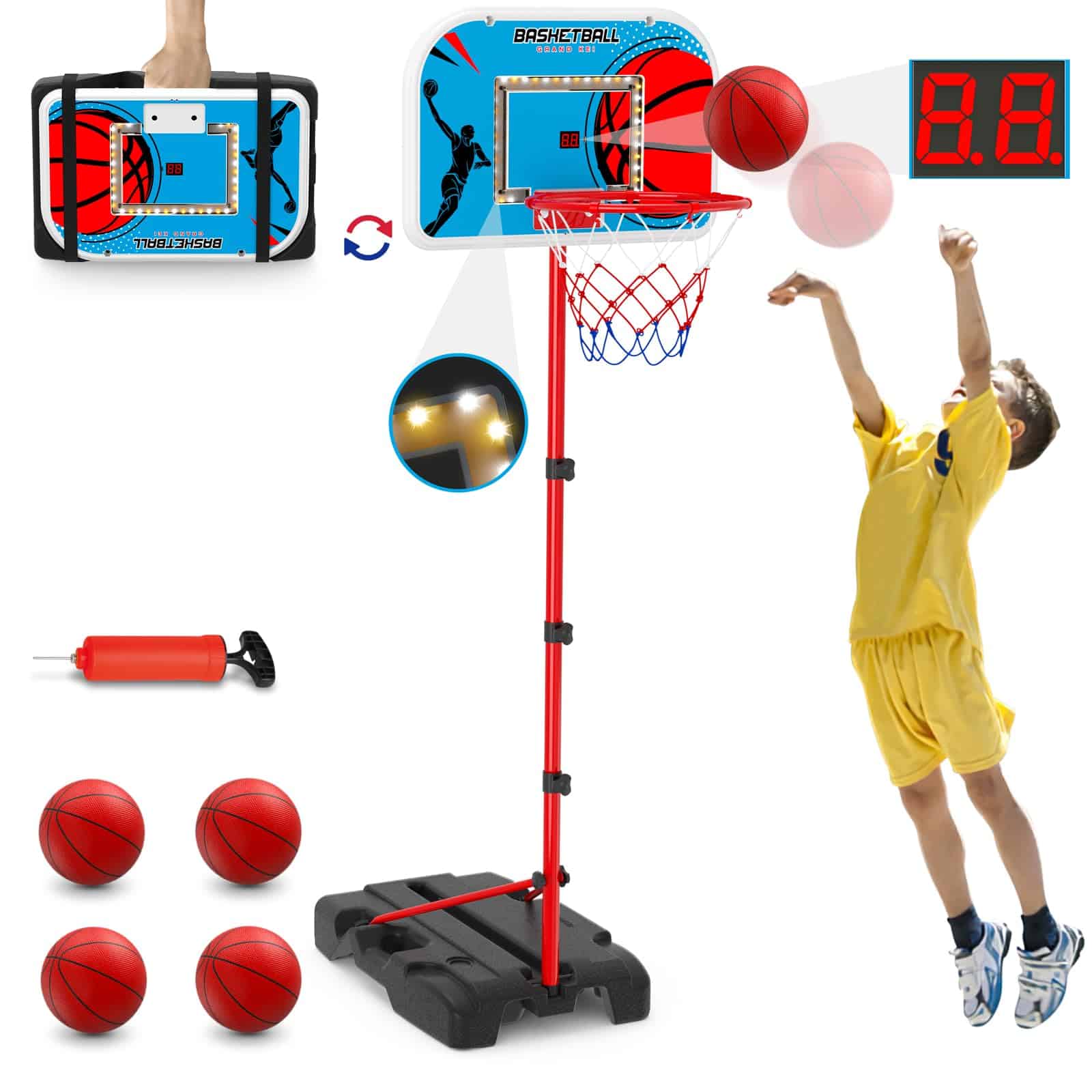 Canasta de baloncesto para niños HYES con marcador y LED,