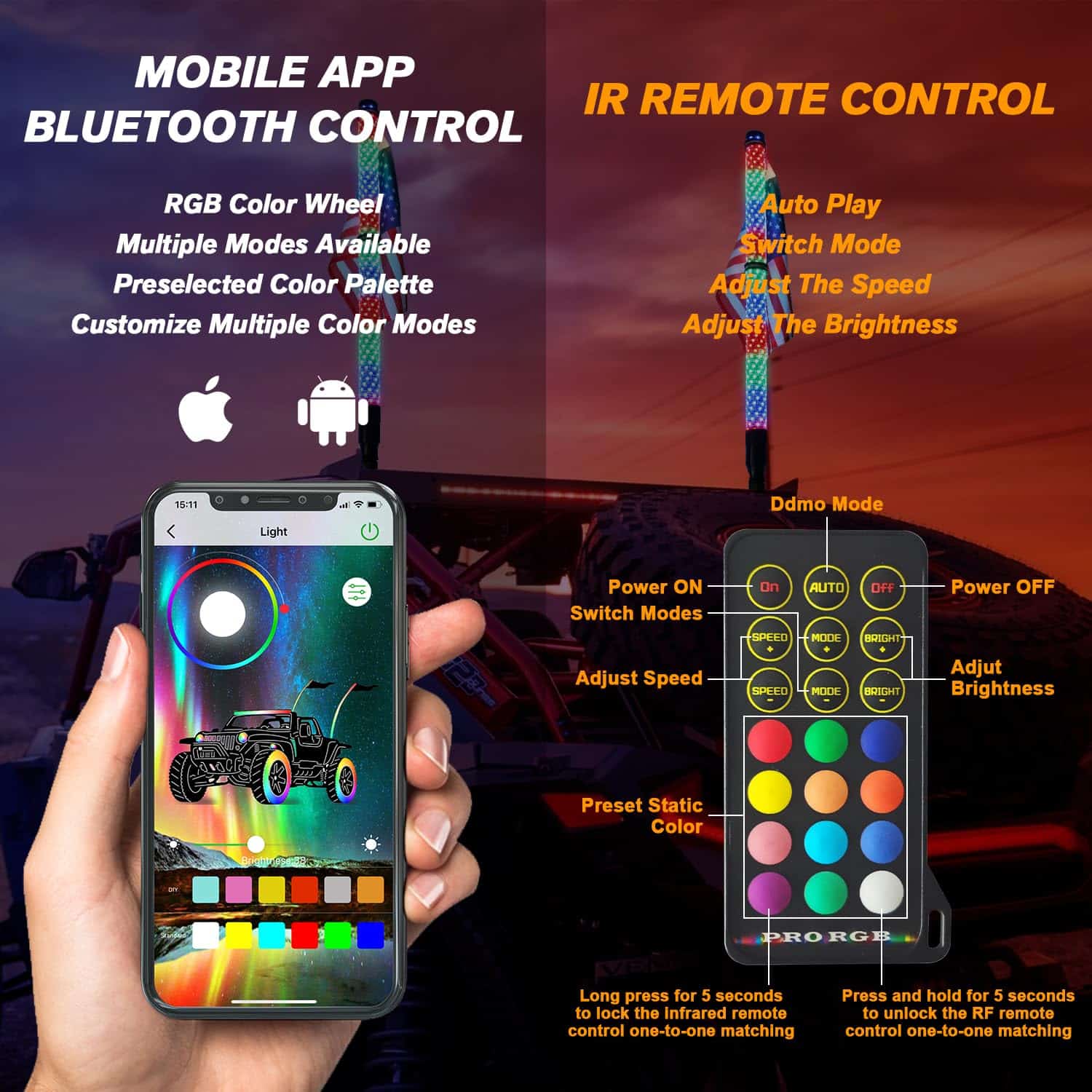 Omotor 2pcs 3FT Fat Whip Lights con Bluetooth y Control - Imagen 4