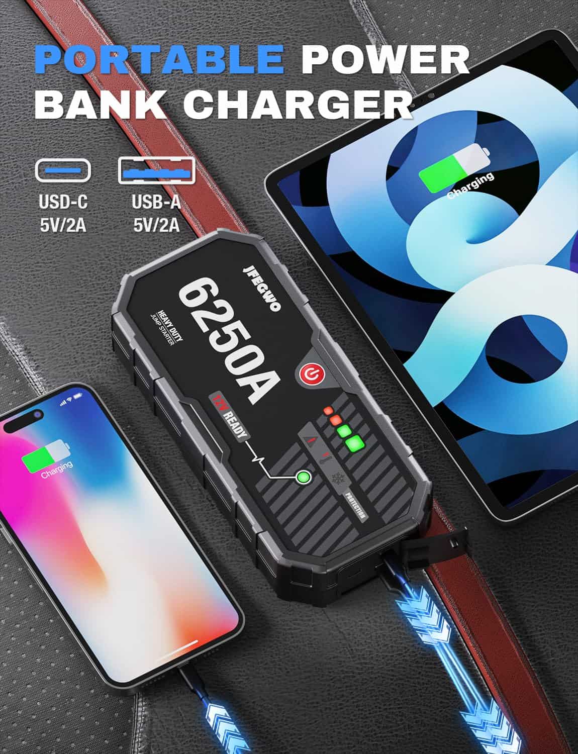 JFEGWO 6250A Jump Starter Battery Pack (para 13.0+L de - Imagen 8