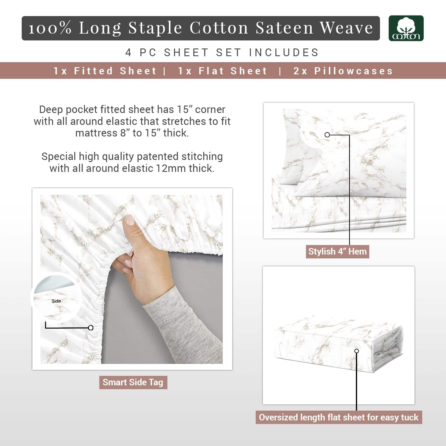 Juego de sábanas de algodón 100% Pizuna -Carrara Marble Taup - Imagen 4