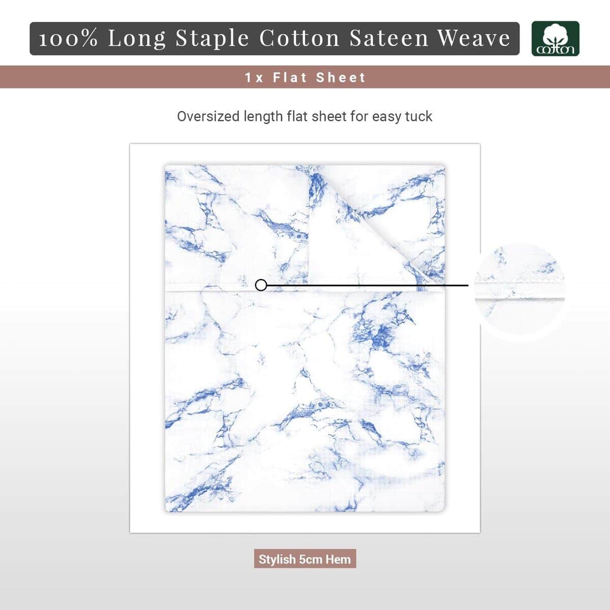 Sábana Plana de Algodón Puro 100% Full Carrara Marble Blue - Imagen 4