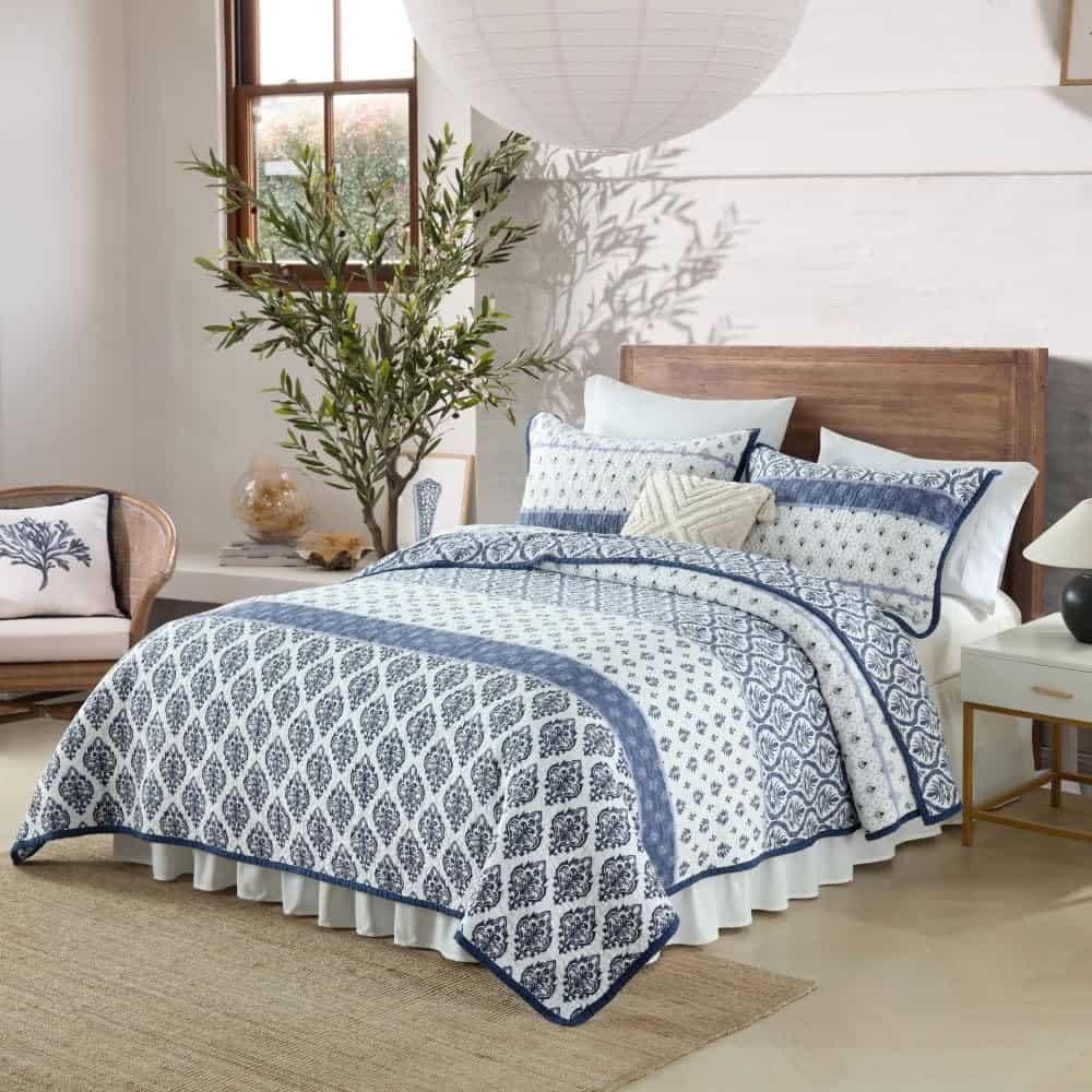 Juego de Colcha Floral King Size 100% Algodón Azul para