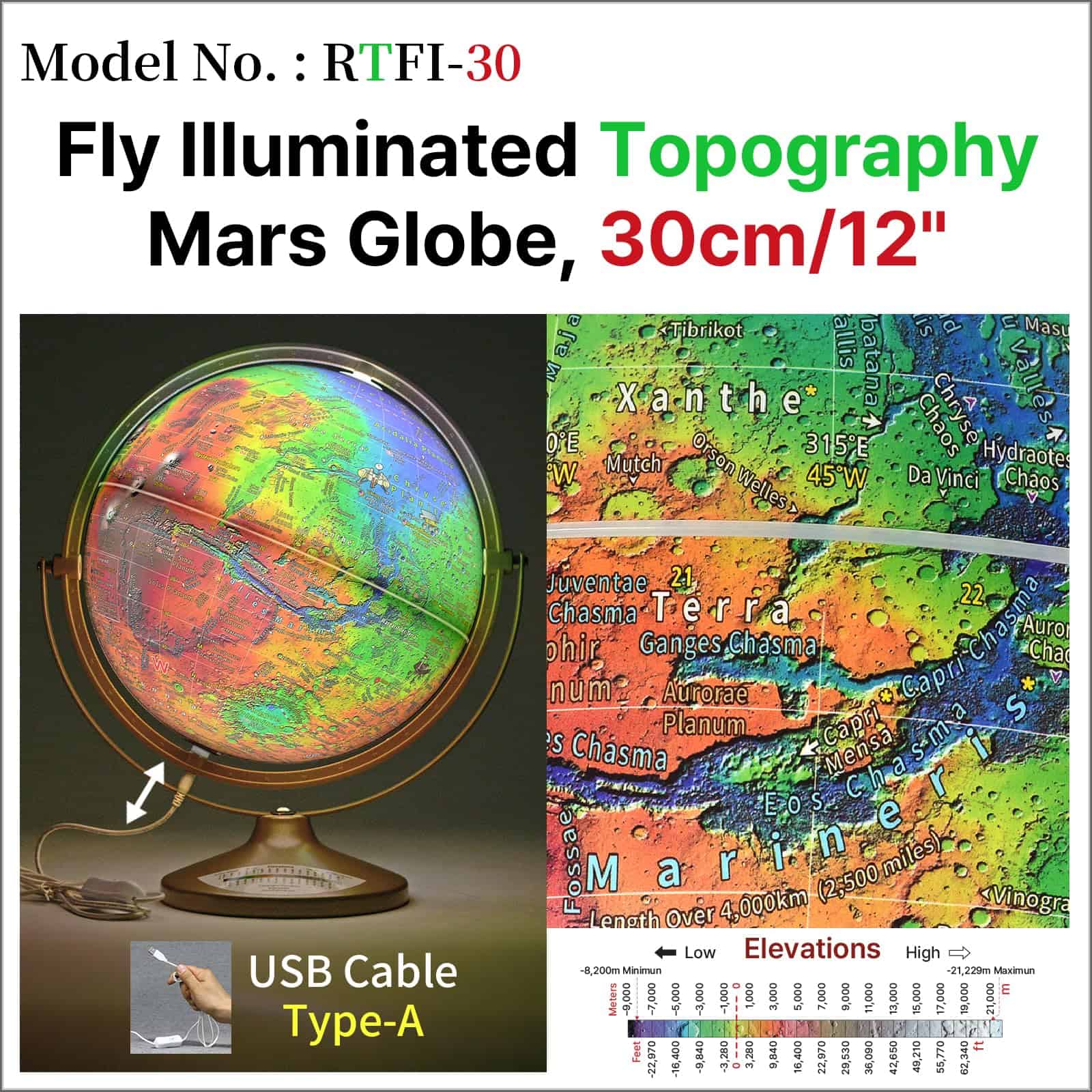Globo Terráqueo Iluminado de Marte con Topografía Mapsoft - Imagen 4