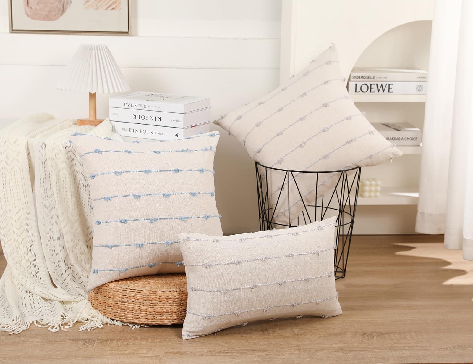 Juego de 2 Fundas de Cojín Boho 26x26, Azul Claro y Blanco, - Imagen 4