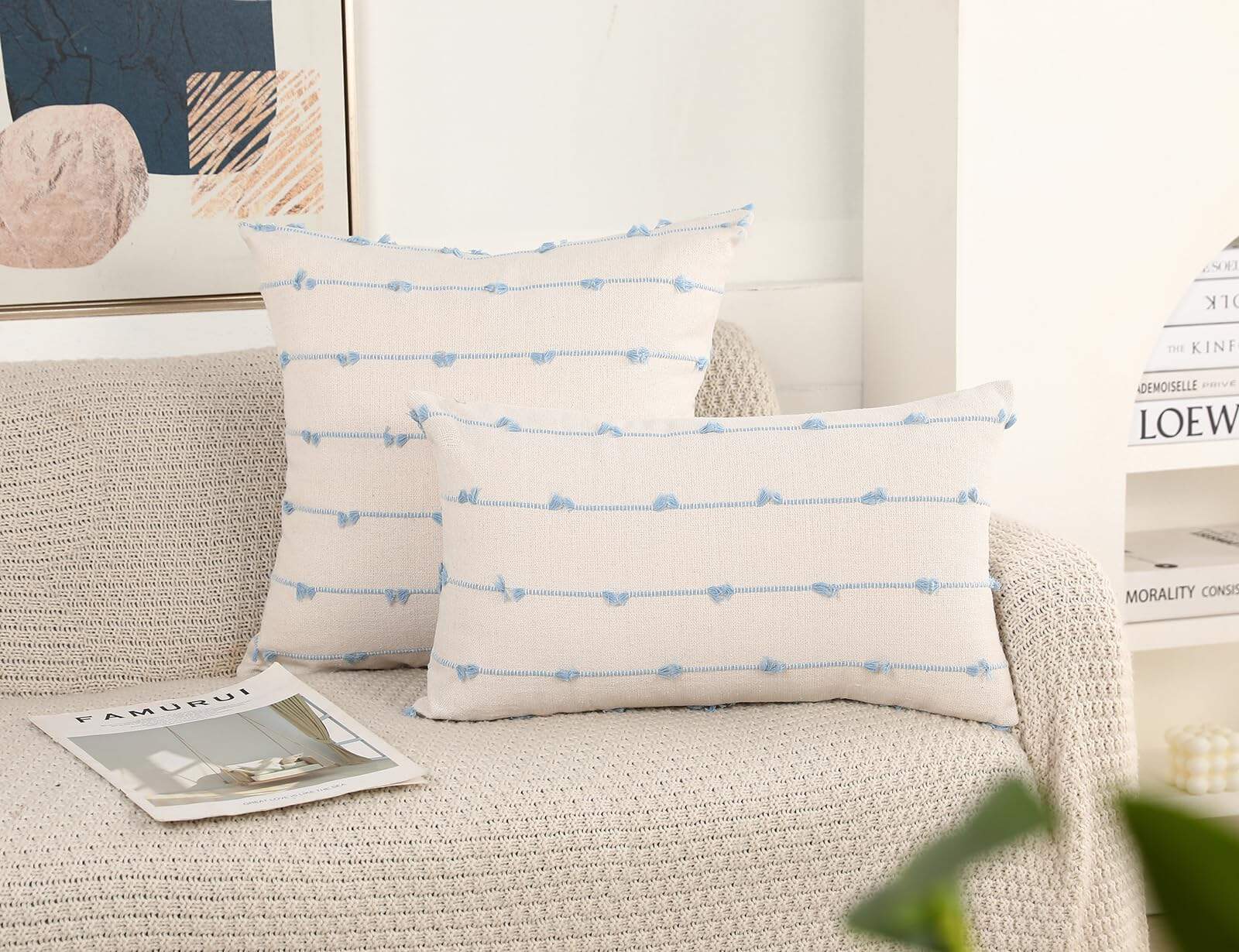 Juego de 2 Fundas de Cojín Boho 26x26, Azul Claro y Blanco, - Imagen 3